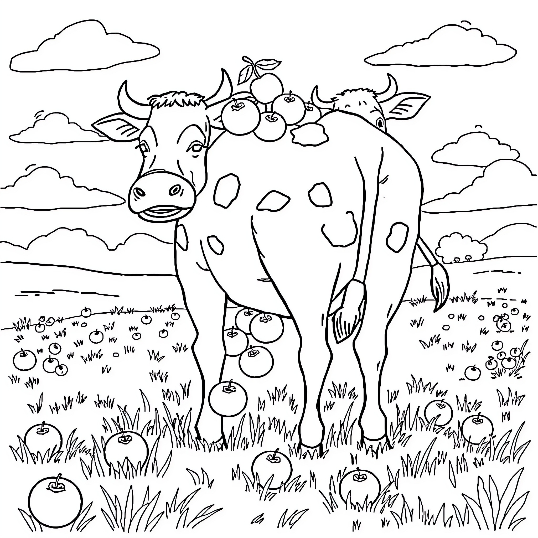 Apple cow grazing amidst fruit and clouds Coloring Page (free black-and-white line drawing printable PDF for all, from beginners to advanced learners, including children, teens, adults, and seniors)