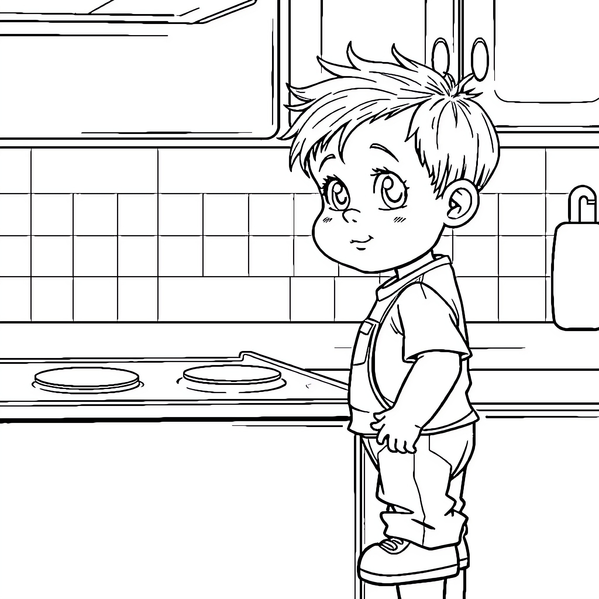 Boy exploring the kitchen curiously Coloring Page (free black-and-white line drawing printable PDF for all, from beginners to advanced learners, including children, teens, adults, and seniors)