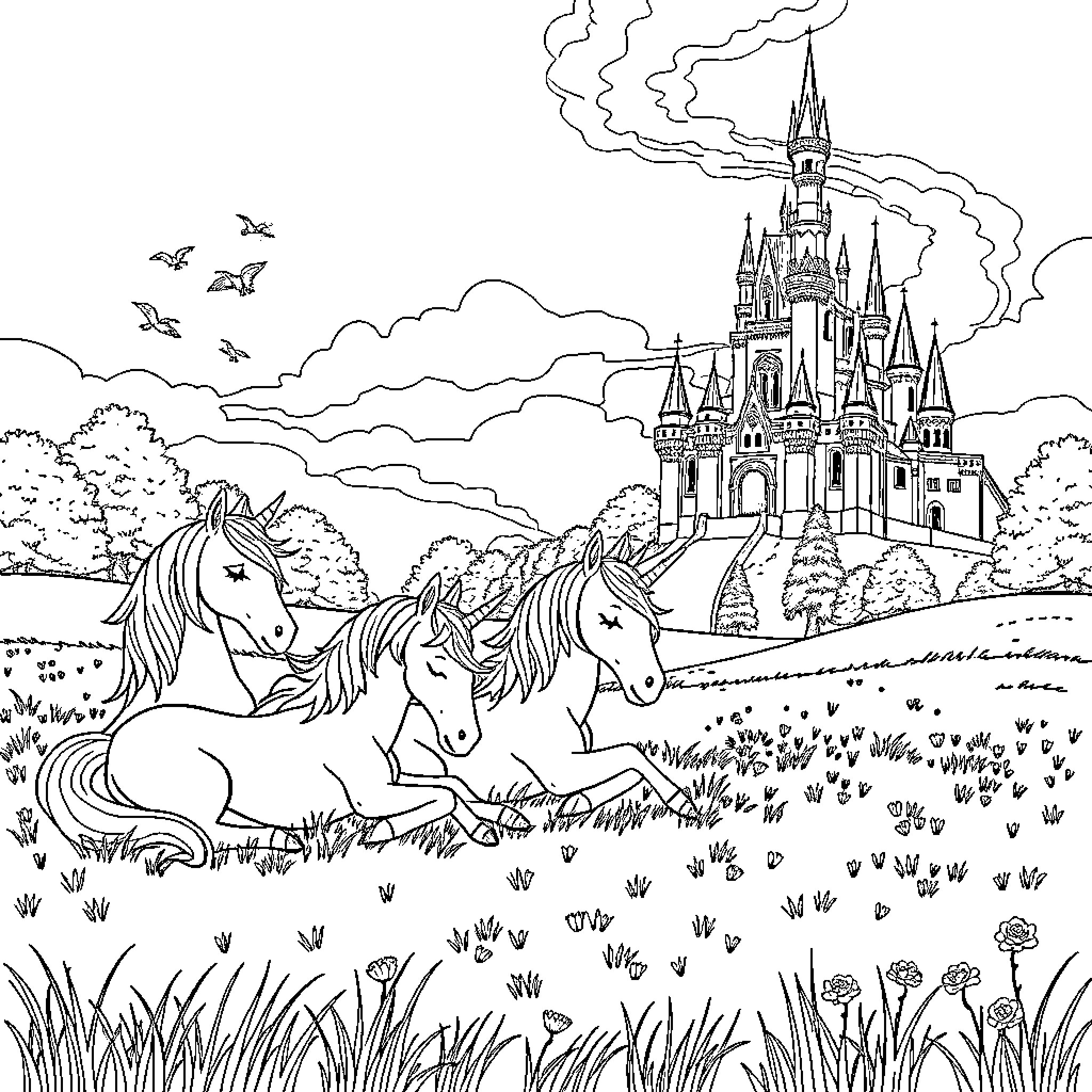 Unicorn horses resting in the magical meadow Coloring Page (free black-and-white line drawing printable PDF for all, from beginners to advanced learners, including children, teens, adults, and seniors)