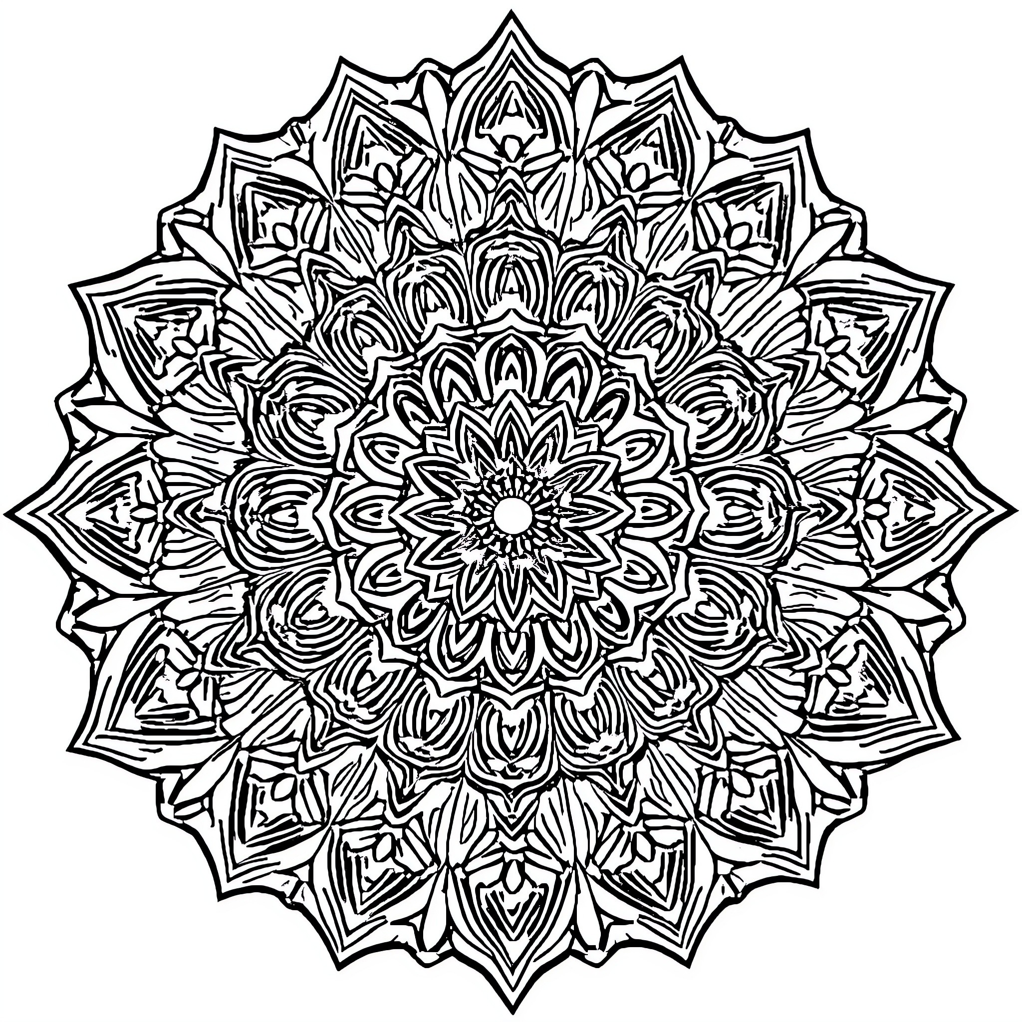Mandala of intricate floral patterns Coloring Page (free black-and-white line drawing printable PDF for all, from beginners to advanced learners, including children, teens, adults, and seniors)