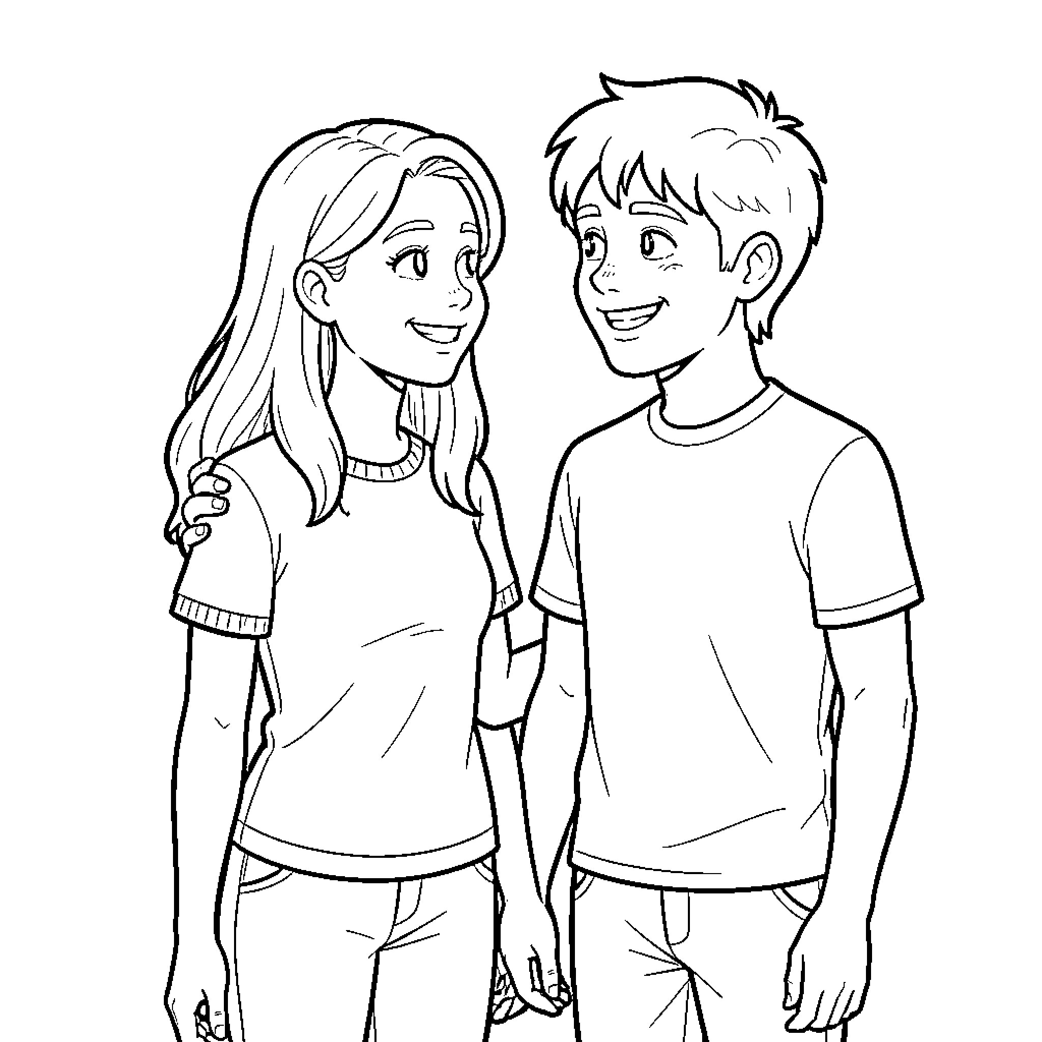 Andrea and a boy smiling while holding hands Coloring Page (free black-and-white line drawing printable PDF for all, from beginners to advanced learners, including children, teens, adults, and seniors)