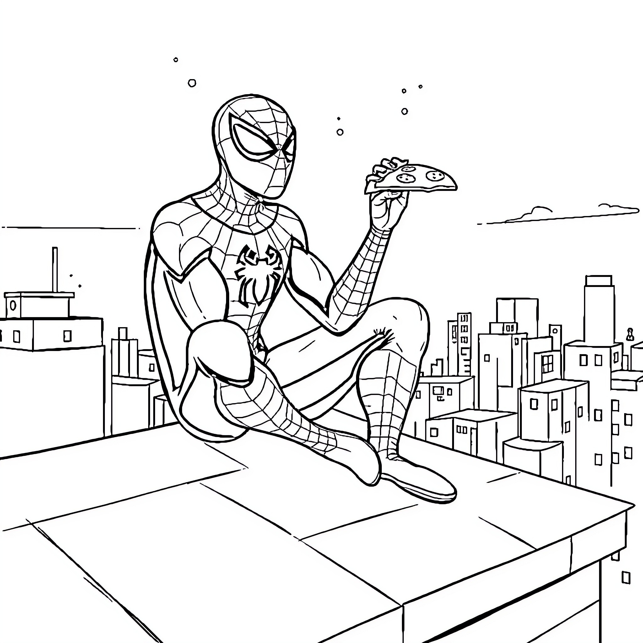 Spiderman web-slinging over the cityscape Coloring Page (free black-and-white line drawing printable PDF for all, from beginners to advanced learners, including children, teens, adults, and seniors)