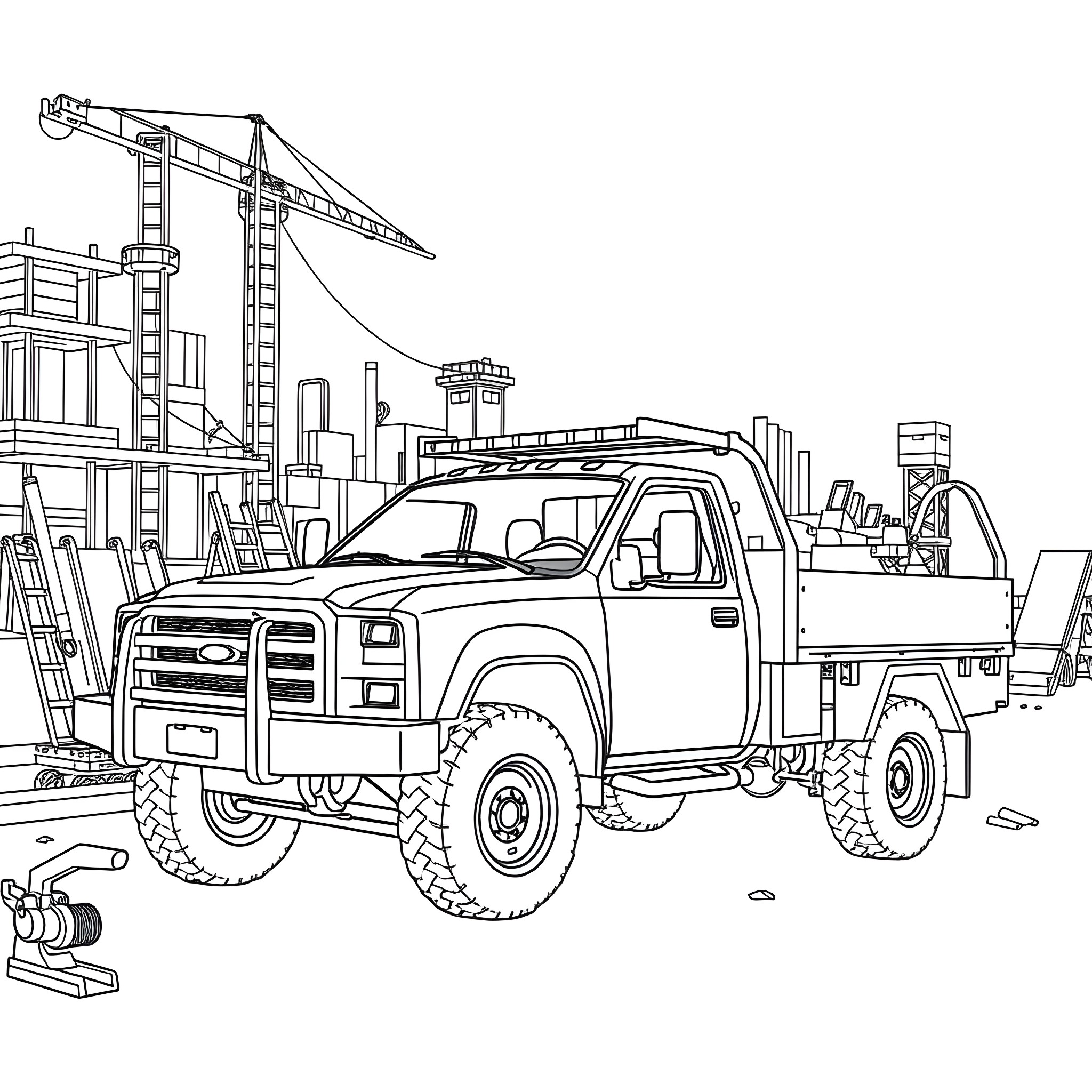 Pickup truck hauling construction equipment on site Coloring Page (free black-and-white line drawing printable PDF for all, from beginners to advanced learners, including children, teens, adults, and seniors)