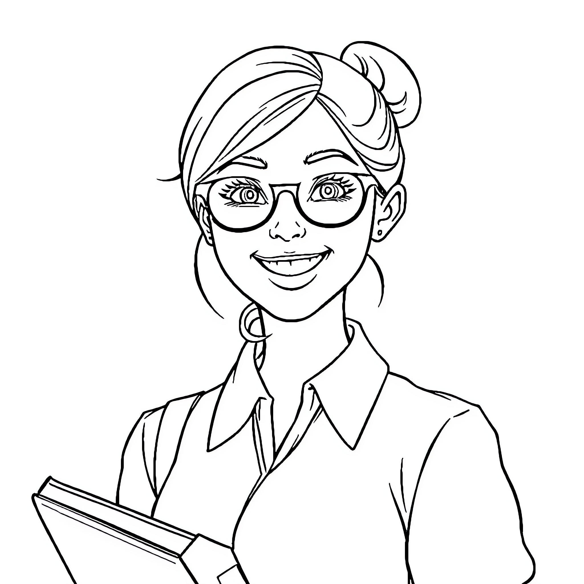 Teacher smiling while holding a book Coloring Page (free black-and-white line drawing printable PDF for all, from beginners to advanced learners, including children, teens, adults, and seniors)