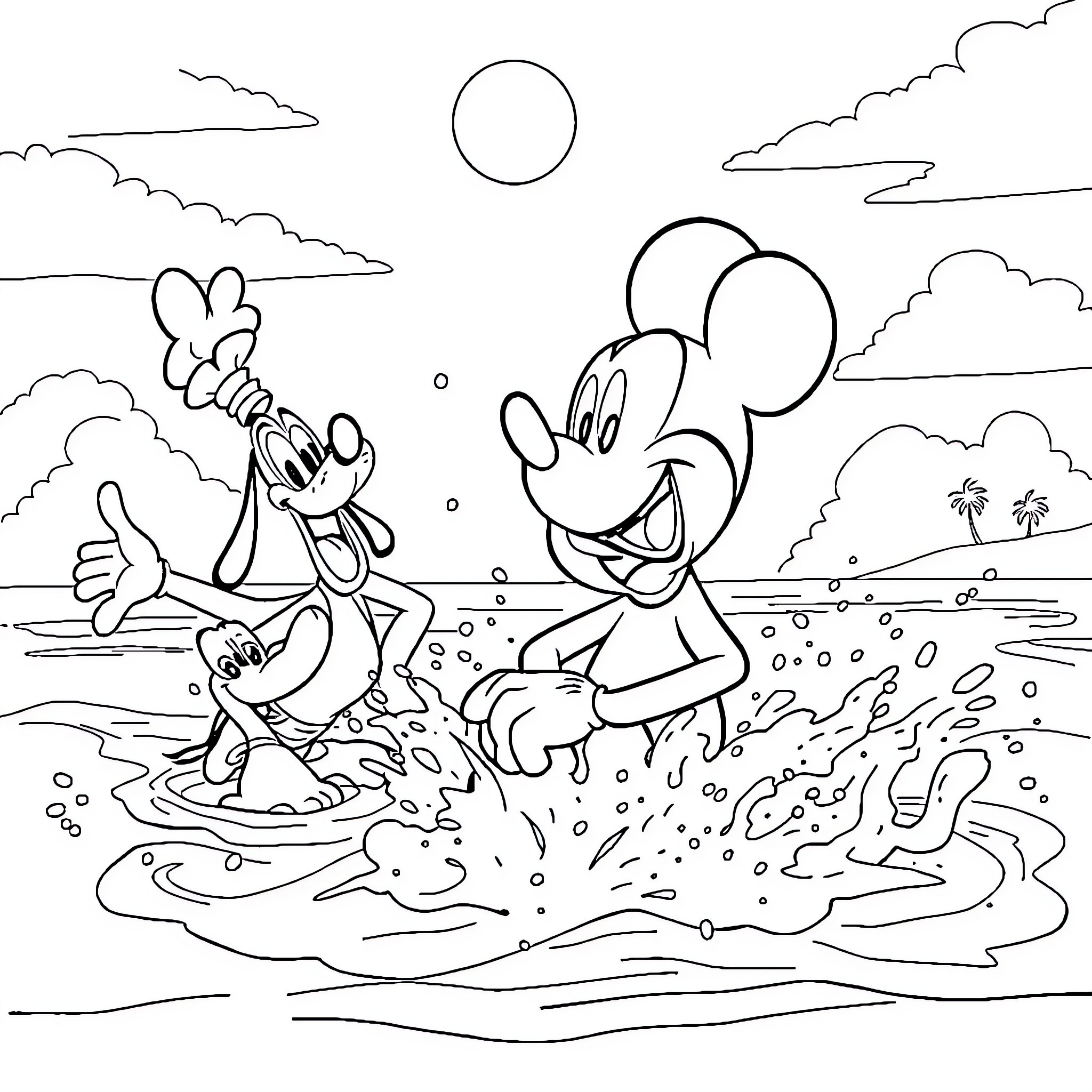 Mickey Mouse and friends playing in the waves Coloring Page (free black-and-white line drawing printable PDF for all, from beginners to advanced learners, including children, teens, adults, and seniors)