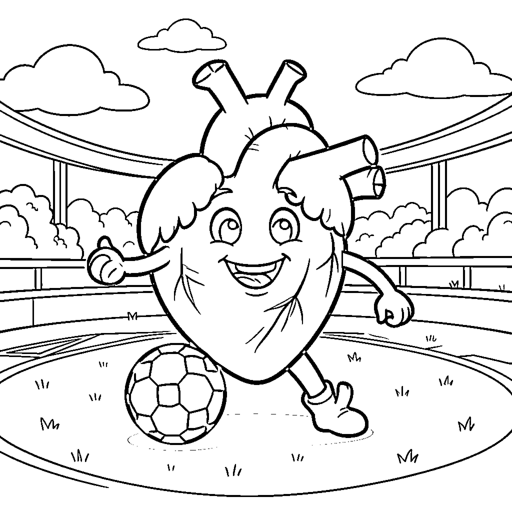 Corazon's Joyful Football Escapade Coloring Page (free black-and-white line drawing printable PDF for all, from beginners to advanced learners, including children, teens, adults, and seniors)