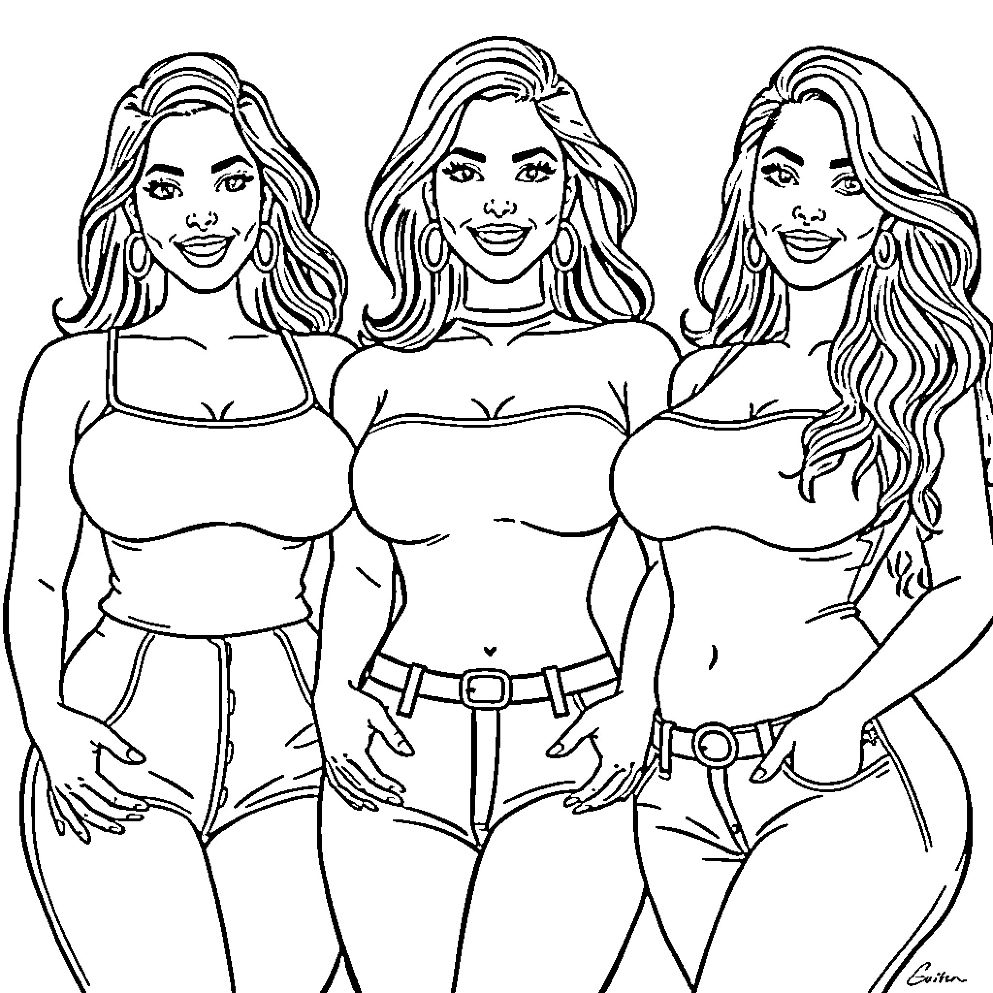 Latina Women Posing Confidently Coloring Page (free black-and-white line drawing printable PDF for all, from beginners to advanced learners, including children, teens, adults, and seniors)