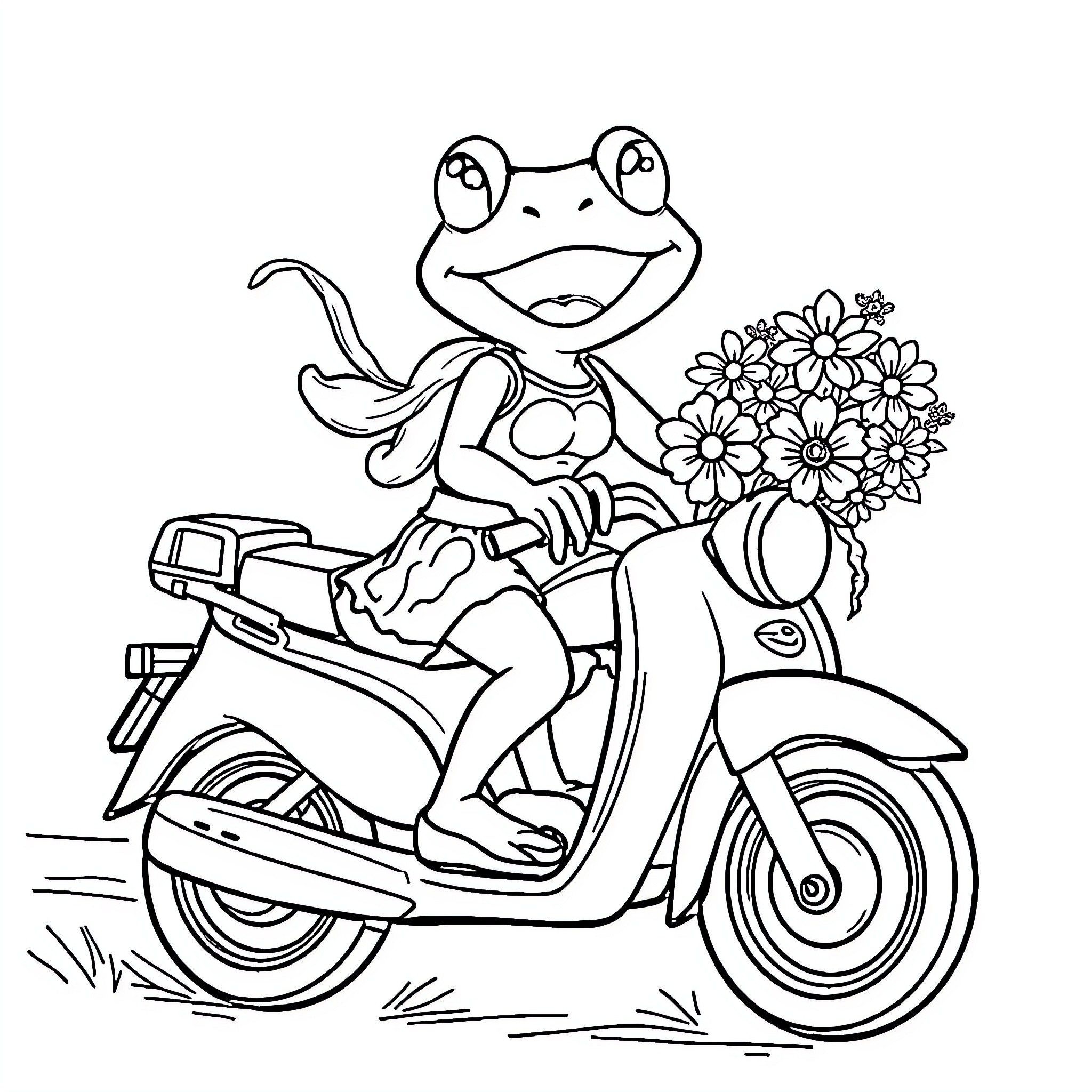 Frog riding scooter with flower bouquet Coloring Page (free black-and-white line drawing printable PDF for all, from beginners to advanced learners, including children, teens, adults, and seniors)