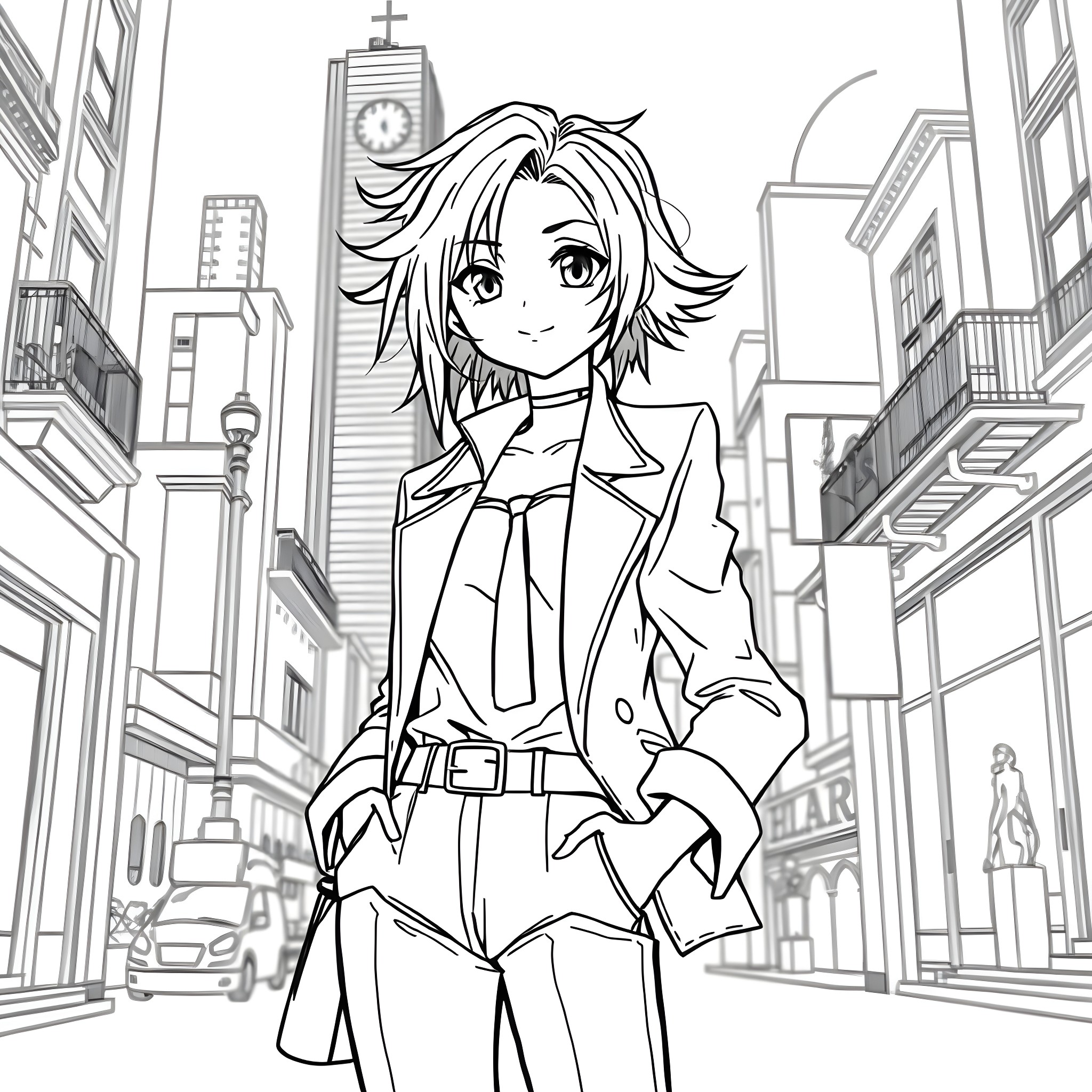Anime Boy in a City Street with Skyscrapers Coloring Page (free black-and-white line drawing printable PDF for all, from beginners to advanced learners, including children, teens, adults, and seniors)
