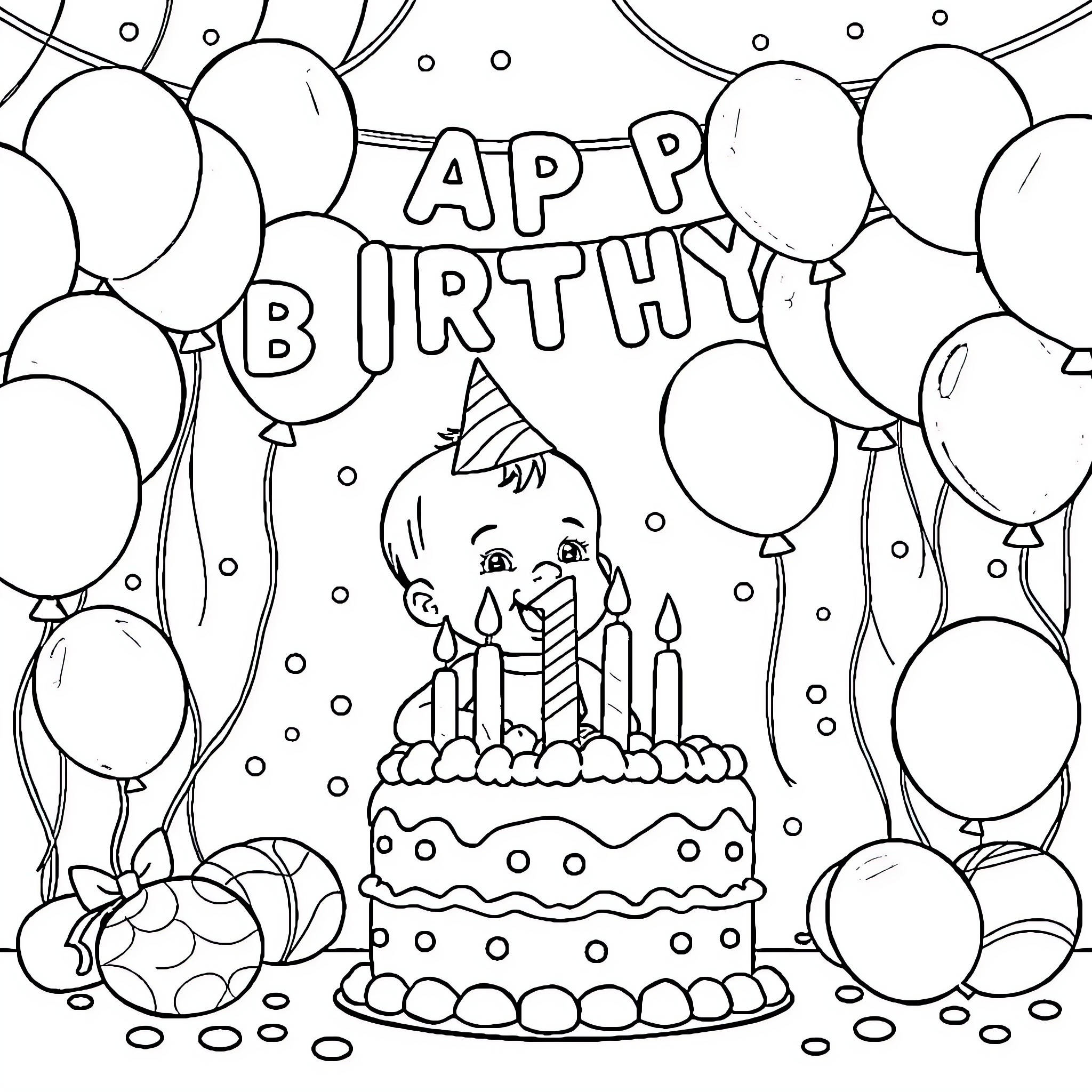 Baby Celebrating Birthday with Cake and Balloons Coloring Page (free black-and-white line drawing printable PDF for all, from beginners to advanced learners, including children, teens, adults, and seniors)