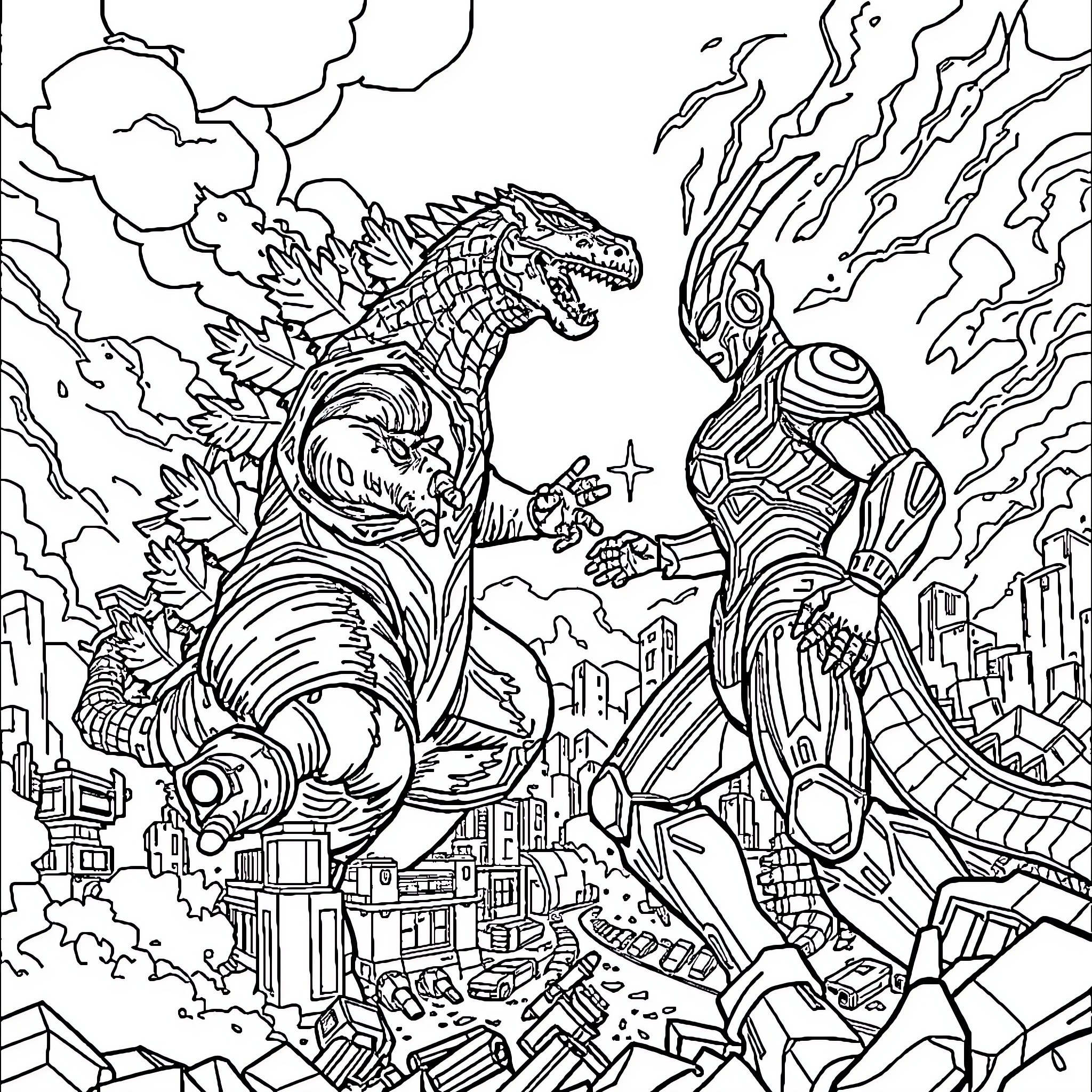 Godzilla battling a giant robotic adversary in the city Coloring Page (free black-and-white line drawing printable PDF for all, from beginners to advanced learners, including children, teens, adults, and seniors)