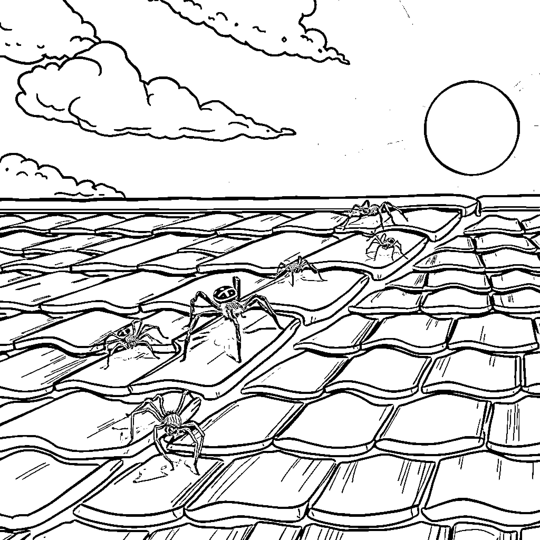 Spider-like creatures scurrying across a rocky seabed Coloring Page (free black-and-white line drawing printable PDF for all, from beginners to advanced learners, including children, teens, adults, and seniors)