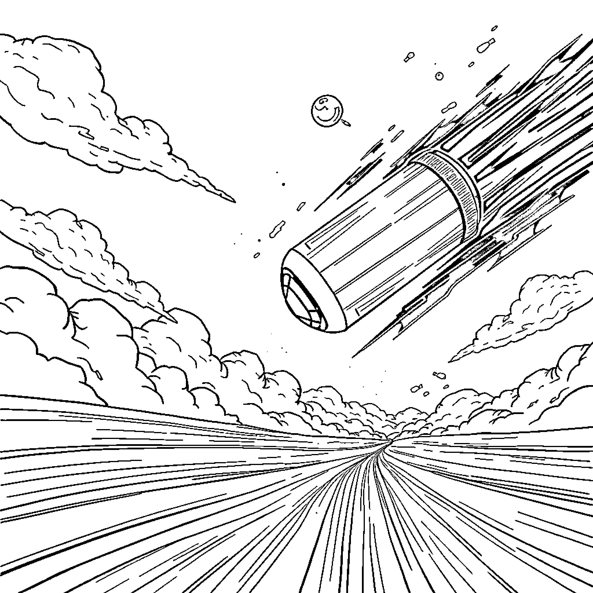 Object soaring at high speed through the sky Coloring Page (free black-and-white line drawing printable PDF for all, from beginners to advanced learners, including children, teens, adults, and seniors)