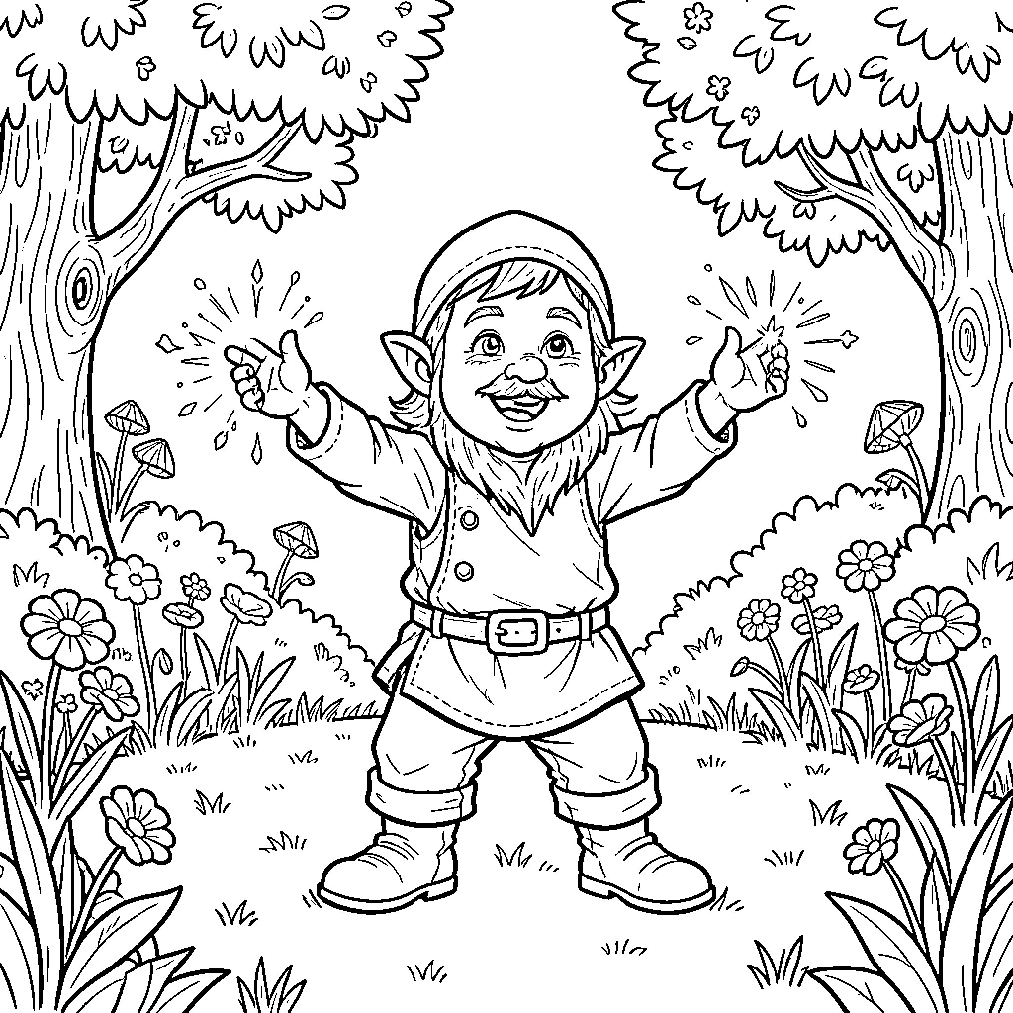Garden Gnome standing with arms wide open in nature Coloring Page (free black-and-white line drawing printable PDF for all, from beginners to advanced learners, including children, teens, adults, and seniors)
