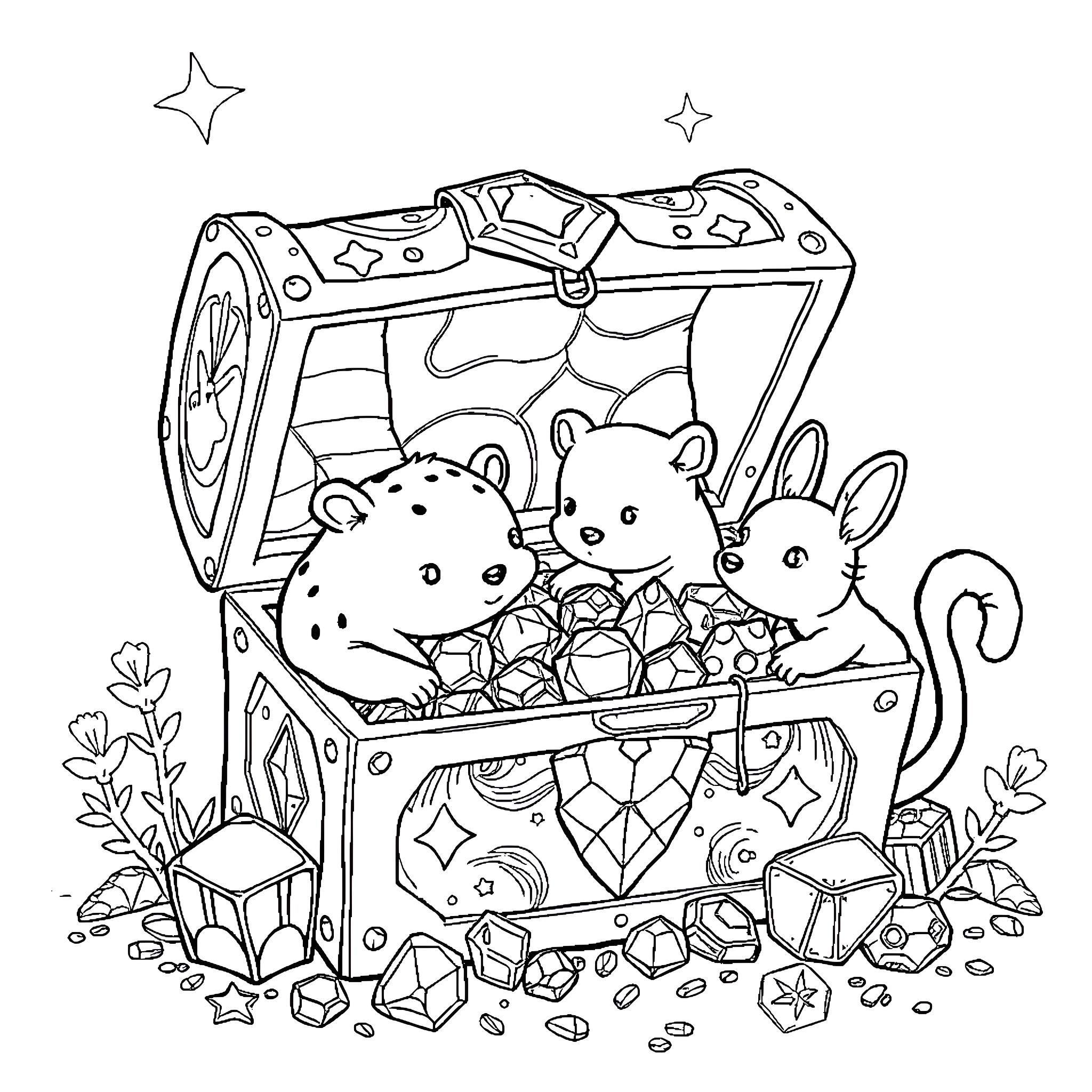 Animal friends exploring a treasure chest filled with gems Coloring Page (free black-and-white line drawing printable PDF for all, from beginners to advanced learners, including children, teens, adults, and seniors)