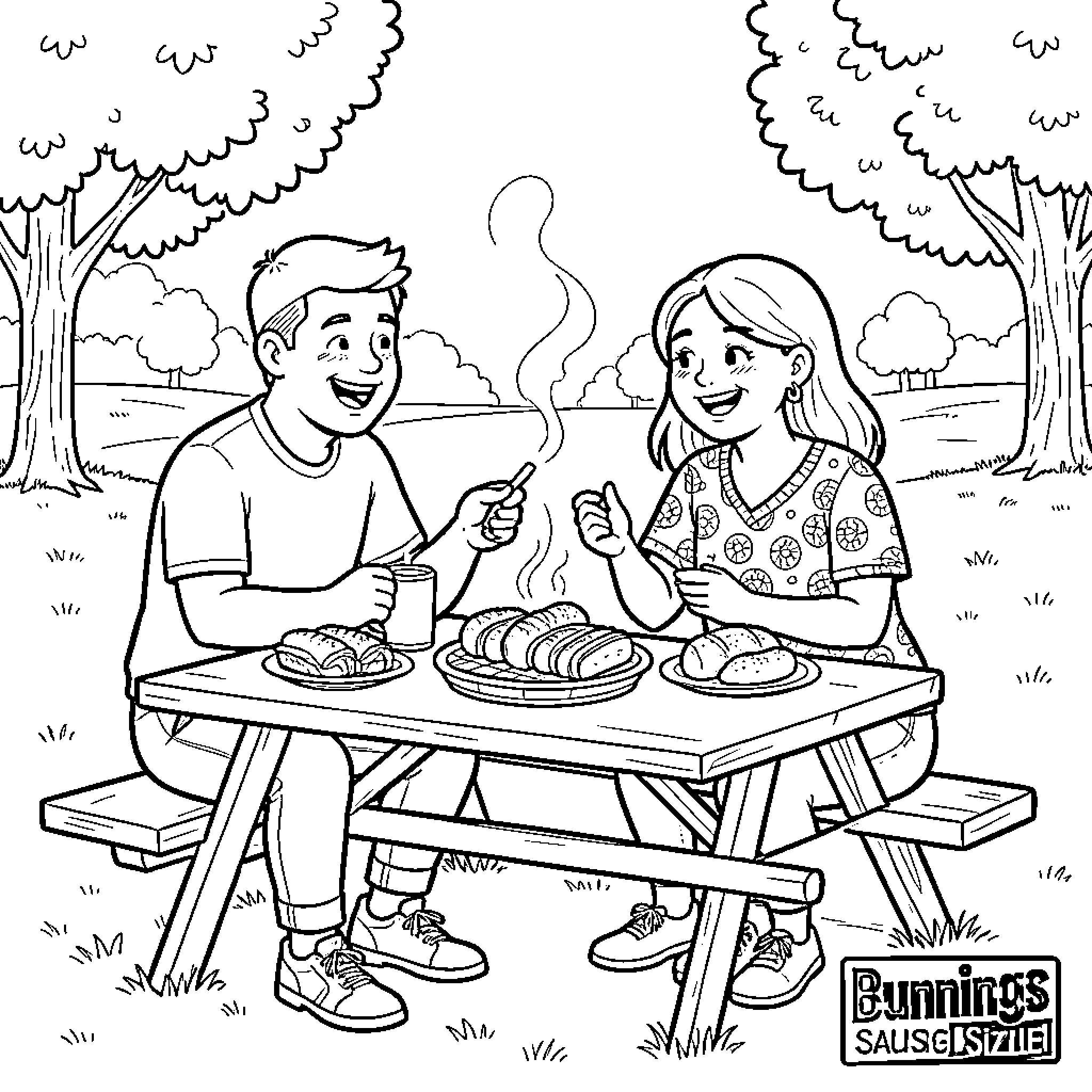 Couple enjoying a picnic in the park Coloring Page (free black-and-white line drawing printable PDF for all, from beginners to advanced learners, including children, teens, adults, and seniors)