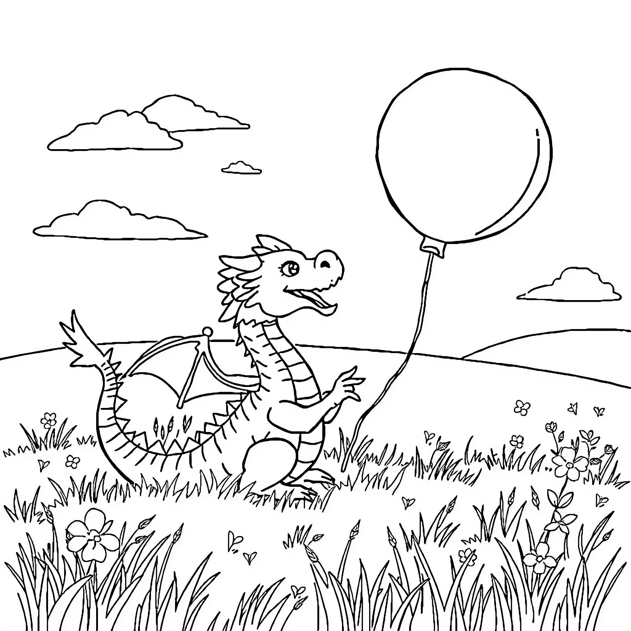 Dragon flying with a balloon in the field Coloring Page (free black-and-white line drawing printable PDF for all, from beginners to advanced learners, including children, teens, adults, and seniors)
