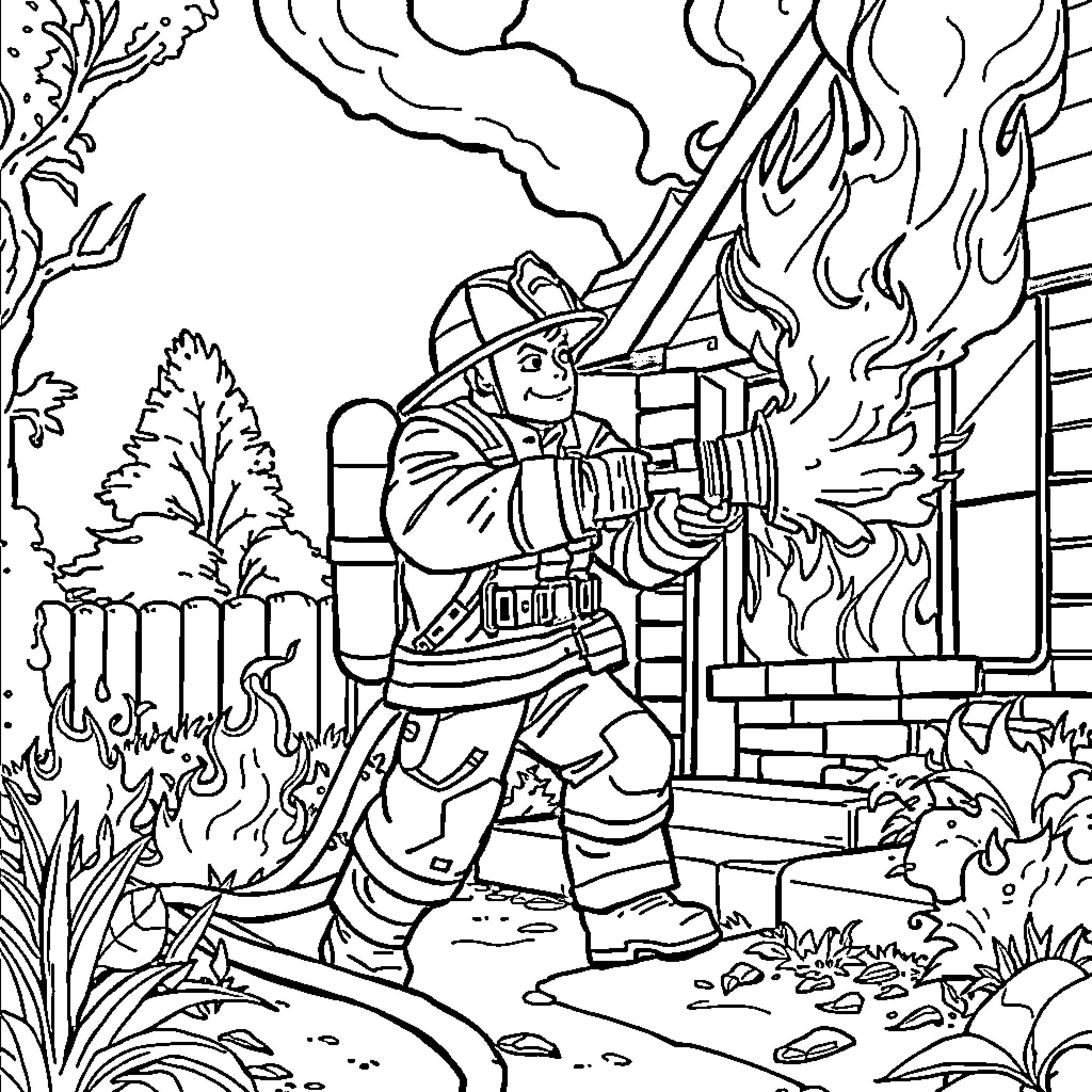 Firefighter battling blaze in a dangerous situation Coloring Page (free black-and-white line drawing printable PDF for all, from beginners to advanced learners, including children, teens, adults, and seniors)