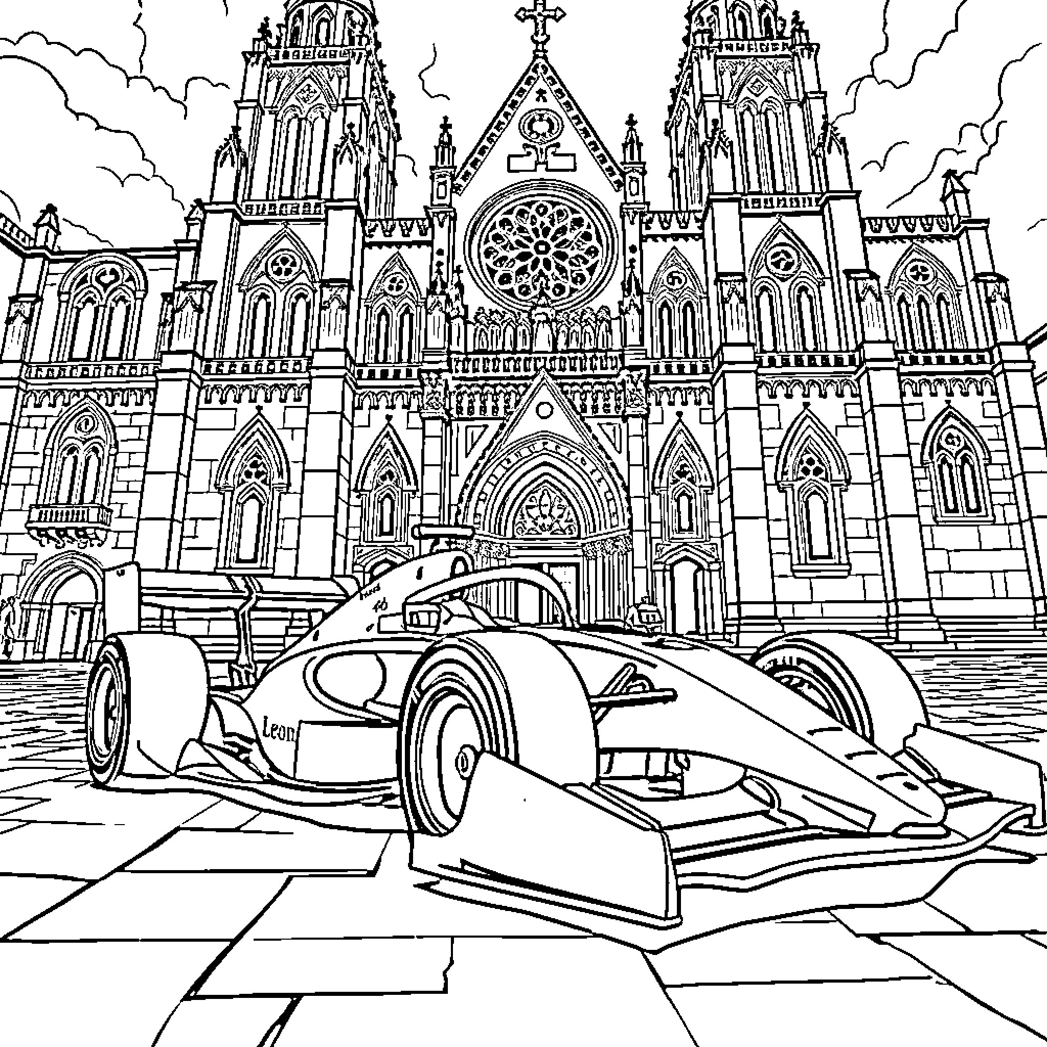 F1 Car racing in front of historic cathedral Coloring Page (free black-and-white line drawing printable PDF for all, from beginners to advanced learners, including children, teens, adults, and seniors)