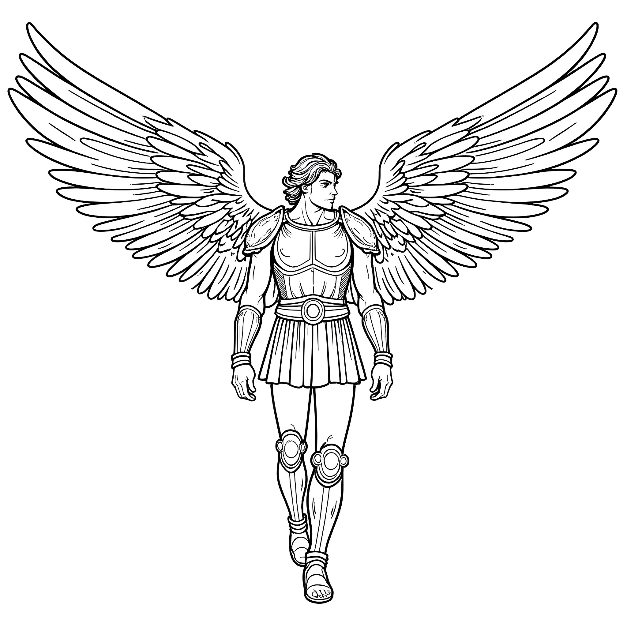 Angel warrior with outstretched wings Coloring Page (free black-and-white line drawing printable PDF for all, from beginners to advanced learners, including children, teens, adults, and seniors)