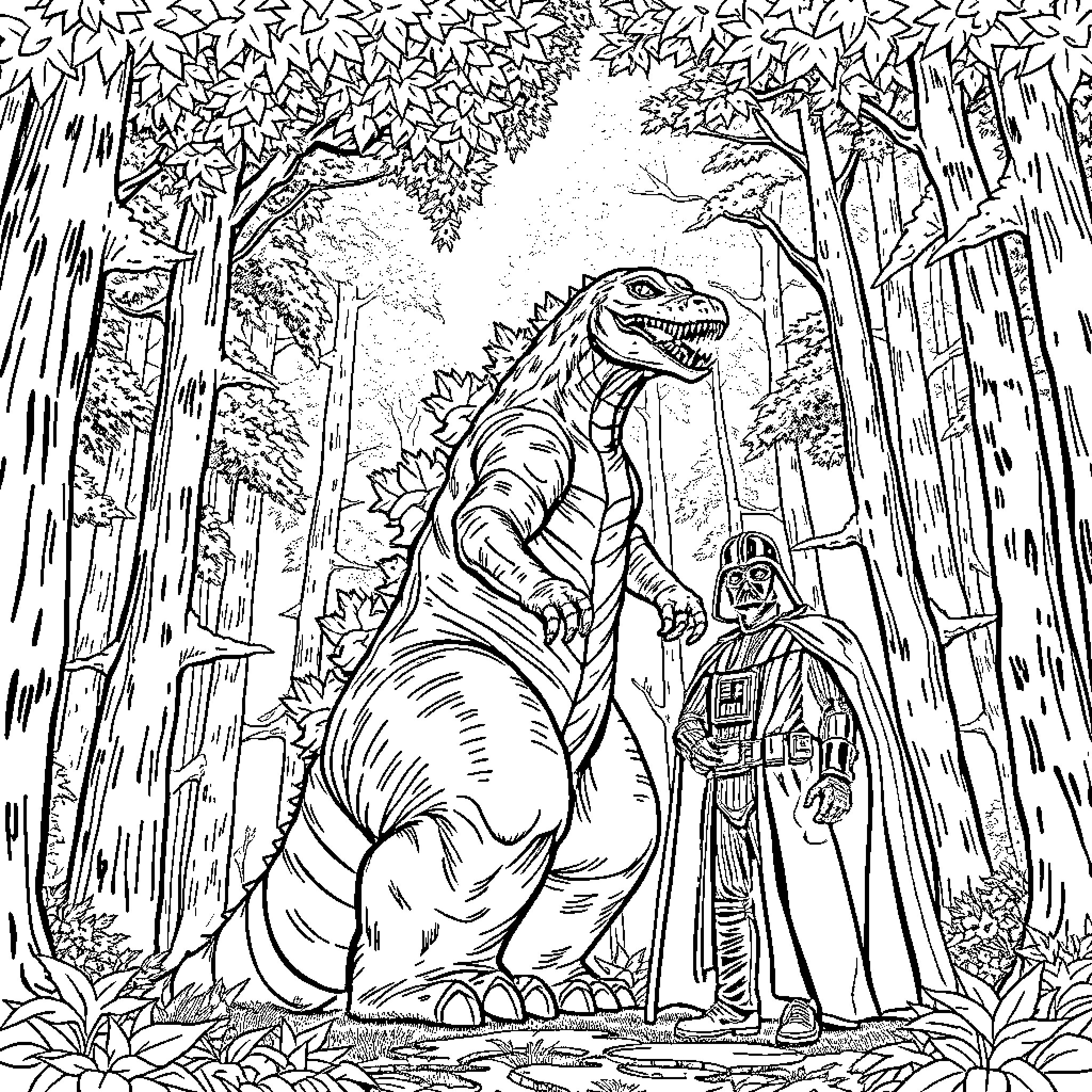 Godzilla Faces Off with Darth Vader in the Forest Coloring Page (free black-and-white line drawing printable PDF for all, from beginners to advanced learners, including children, teens, adults, and seniors)