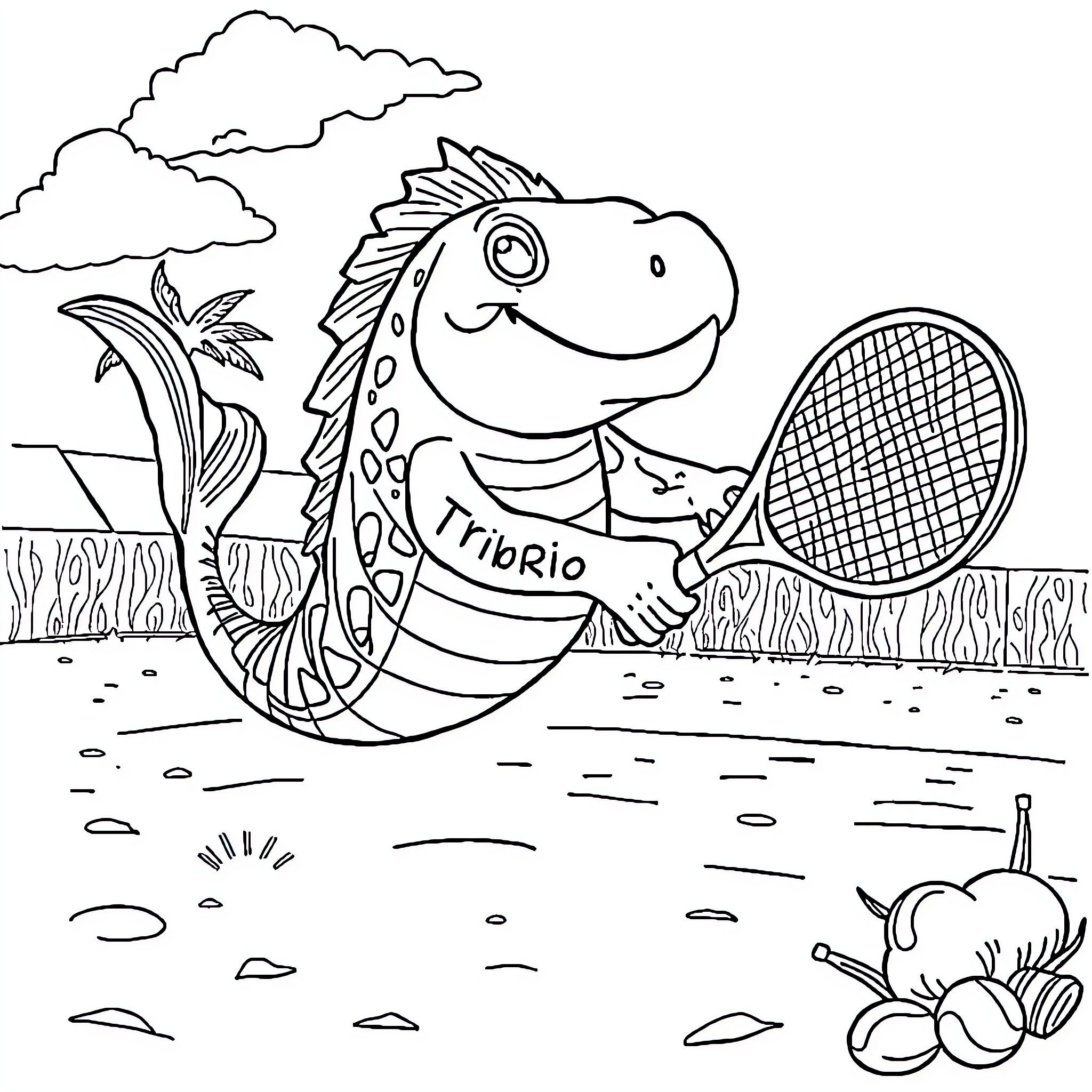 Tennis player fish enjoying the court Coloring Page (free black-and-white line drawing printable PDF for all, from beginners to advanced learners, including children, teens, adults, and seniors)
