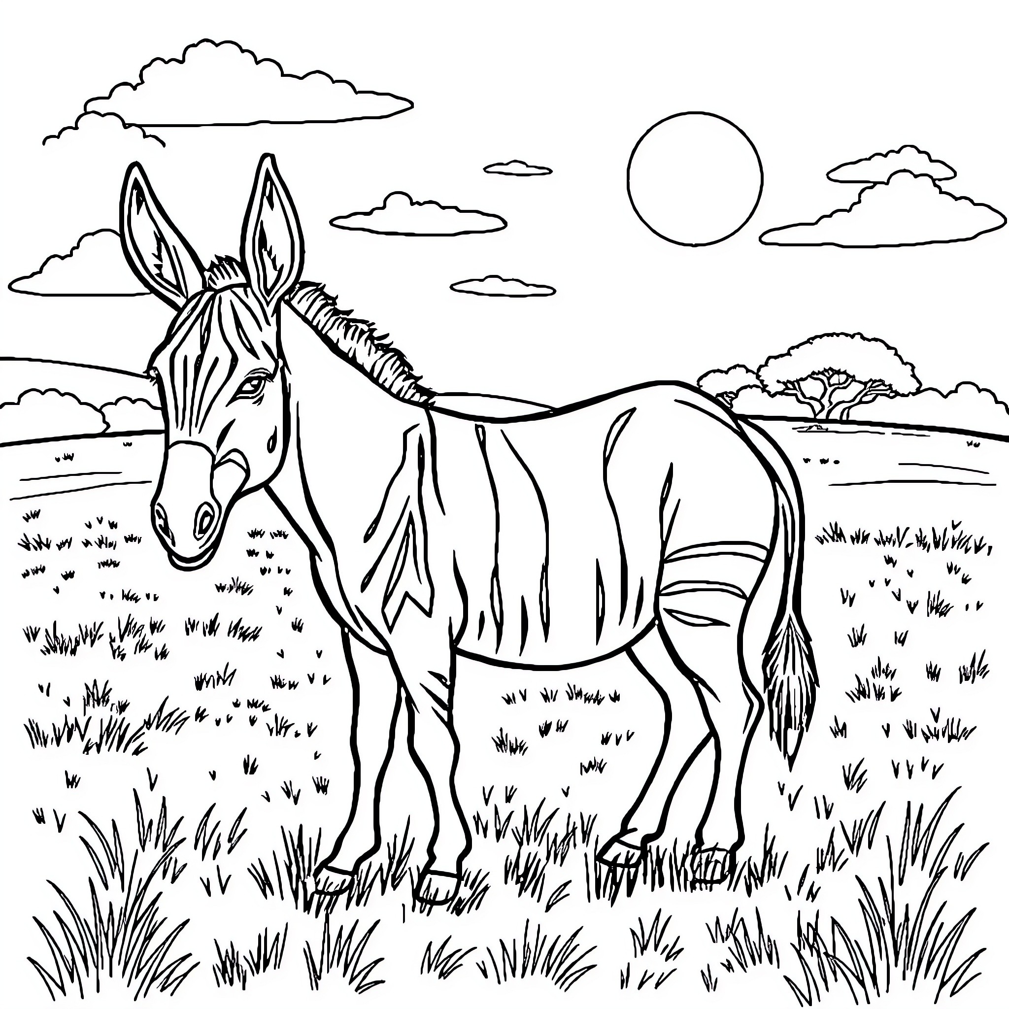 Ass grazing peacefully in the savanna Coloring Page (free black-and-white line drawing printable PDF for all, from beginners to advanced learners, including children, teens, adults, and seniors)