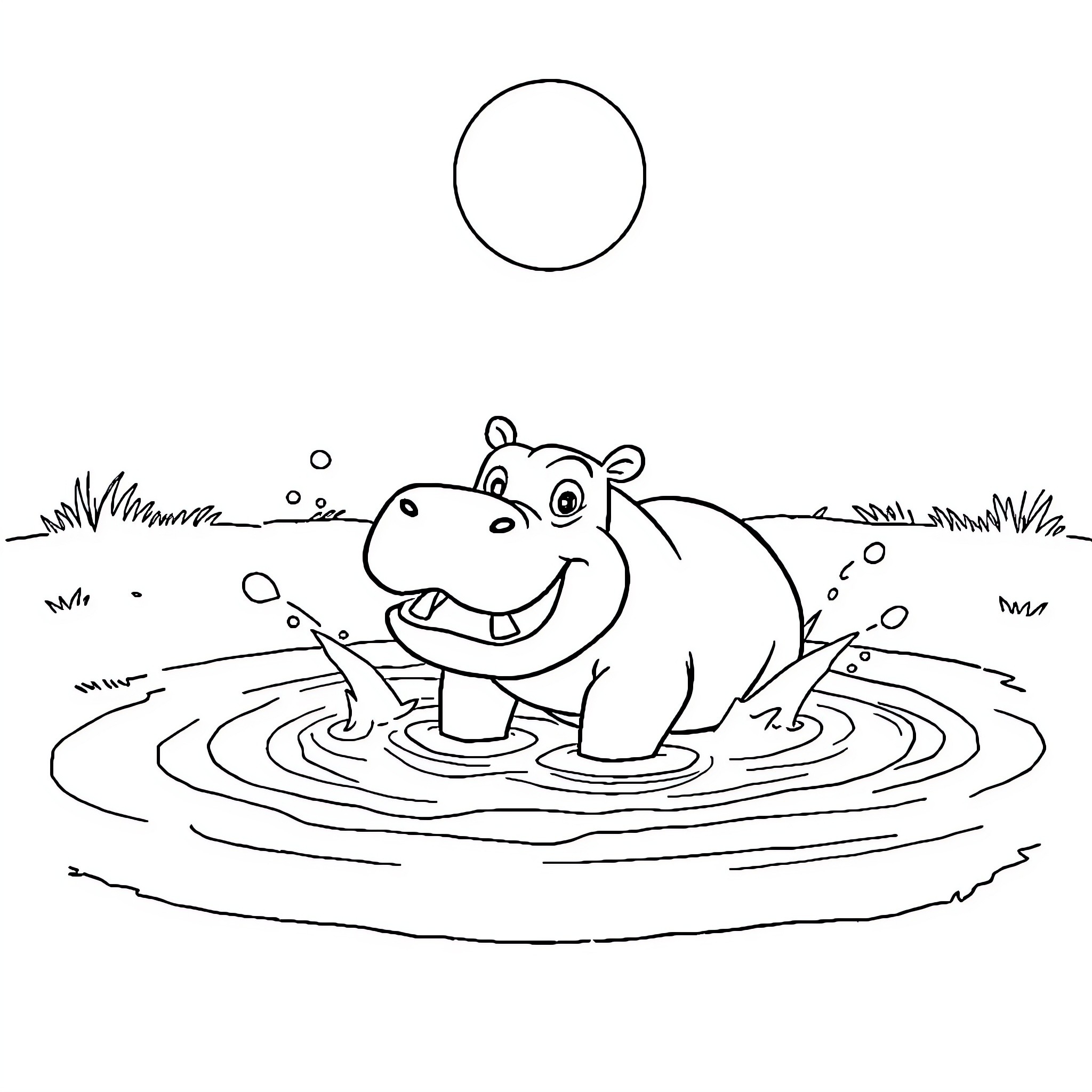 Hippo playing happily in the water Coloring Page (free black-and-white line drawing printable PDF for all, from beginners to advanced learners, including children, teens, adults, and seniors)