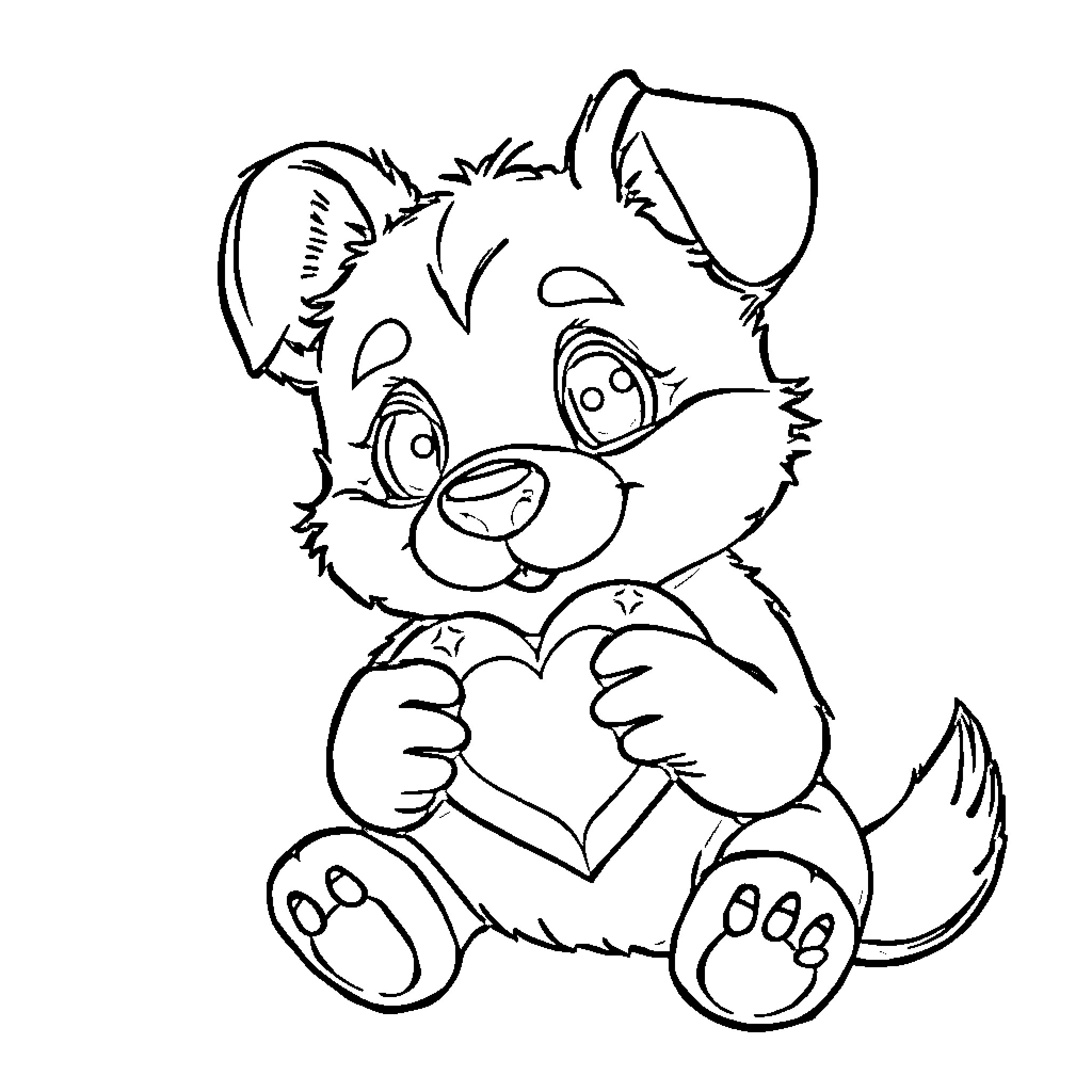 Bluey the Adorable Plush Toy Hugging a Heart Coloring Page (free black-and-white line drawing printable PDF for all, from beginners to advanced learners, including children, teens, adults, and seniors)