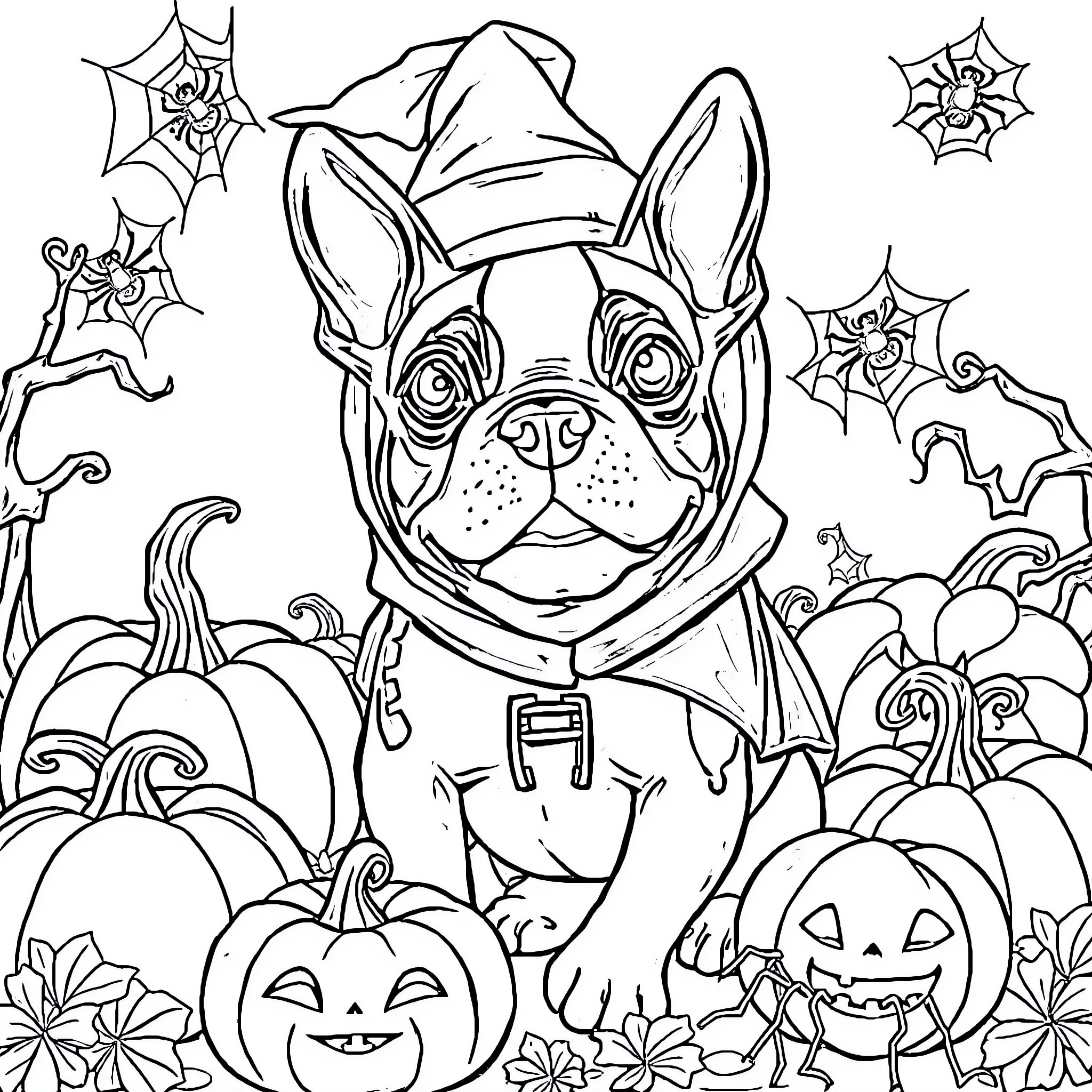 Boston Terrier in Halloween costume among pumpkins Coloring Page (free black-and-white line drawing printable PDF for all, from beginners to advanced learners, including children, teens, adults, and seniors)