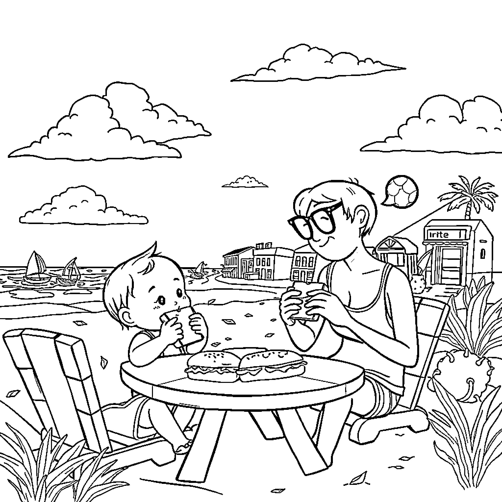 Babe enjoys a seaside picnic with friends Coloring Page (free black-and-white line drawing printable PDF for all, from beginners to advanced learners, including children, teens, adults, and seniors)