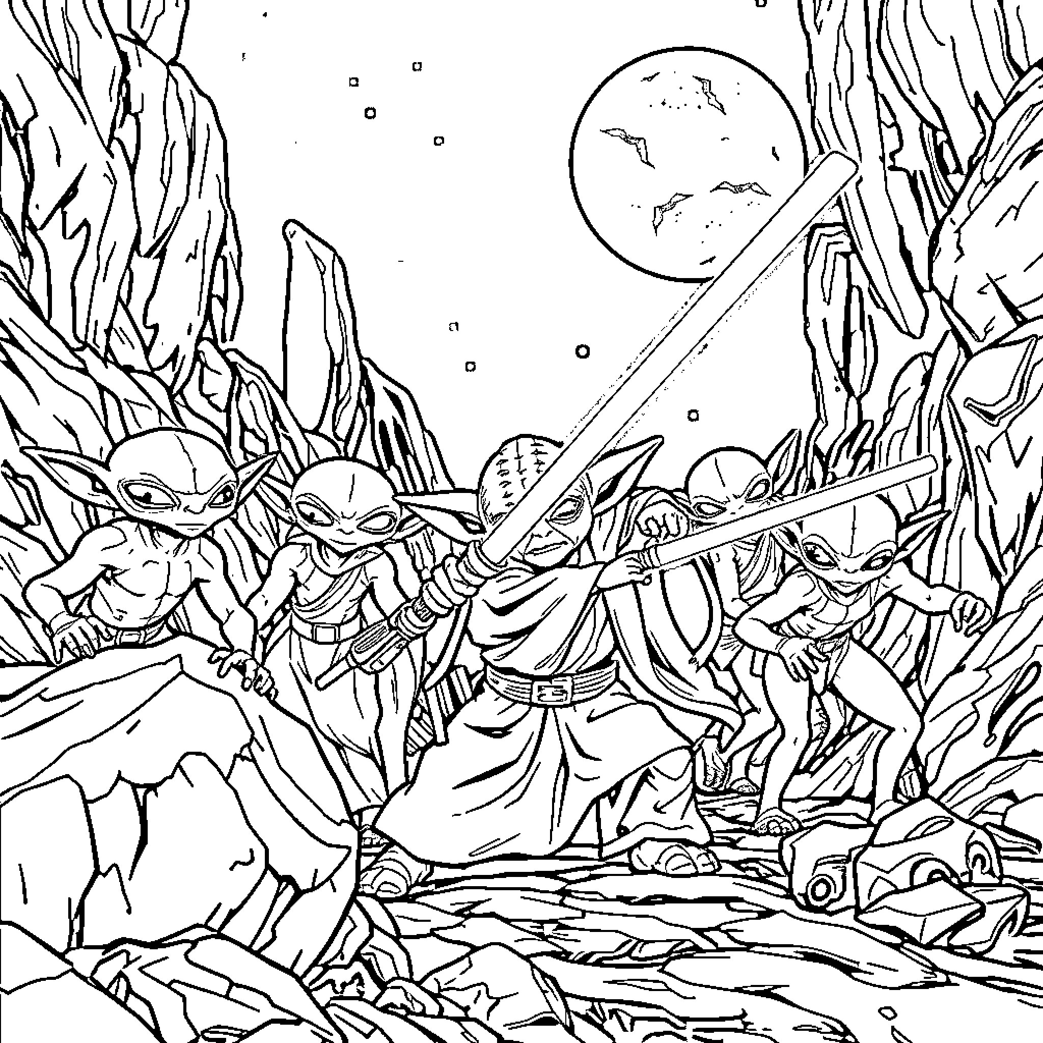 Yoda-like creatures wielding lightsabers in a rocky landscape Coloring Page (free black-and-white line drawing printable PDF for all, from beginners to advanced learners, including children, teens, adults, and seniors)