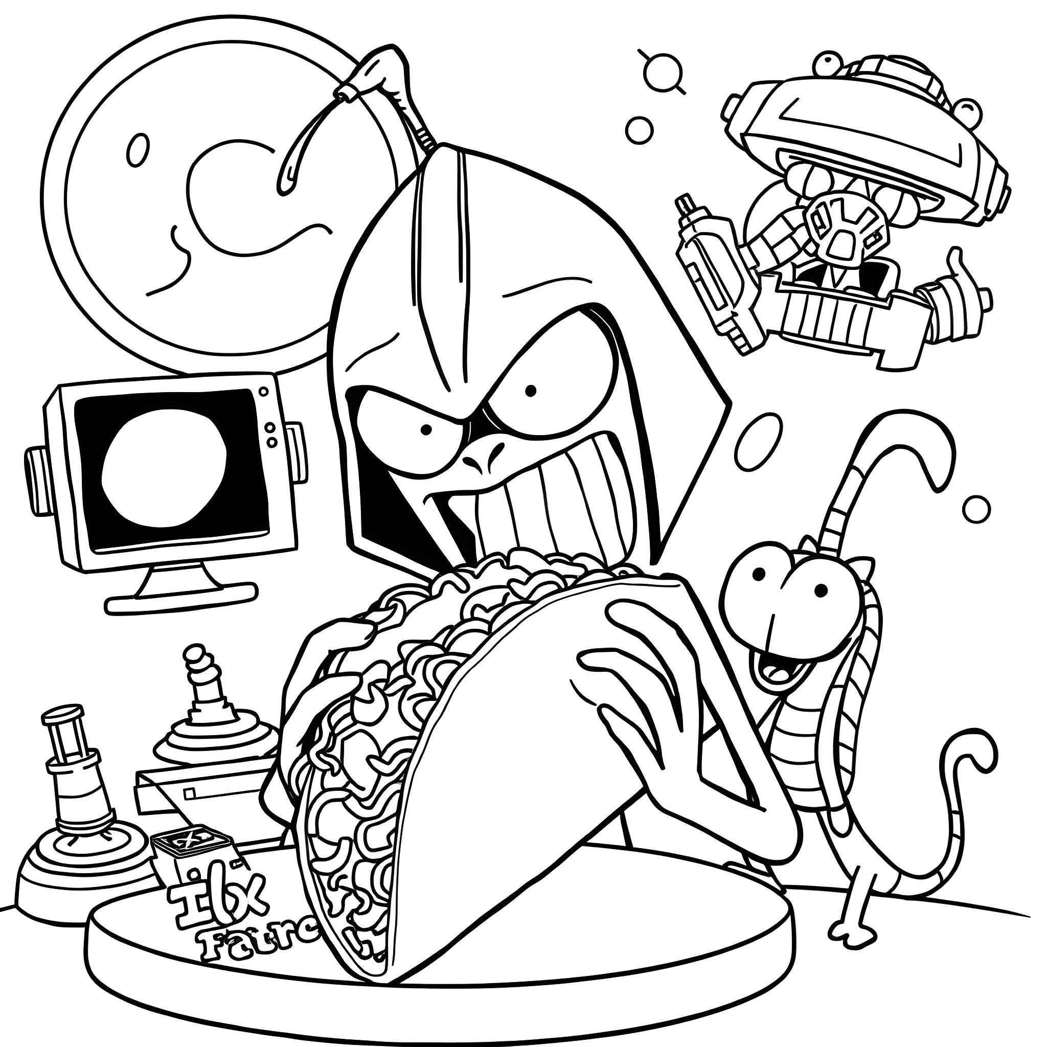 Invader Zim's Mischievous Antics Coloring Page (free black-and-white line drawing printable PDF for all, from beginners to advanced learners, including children, teens, adults, and seniors)