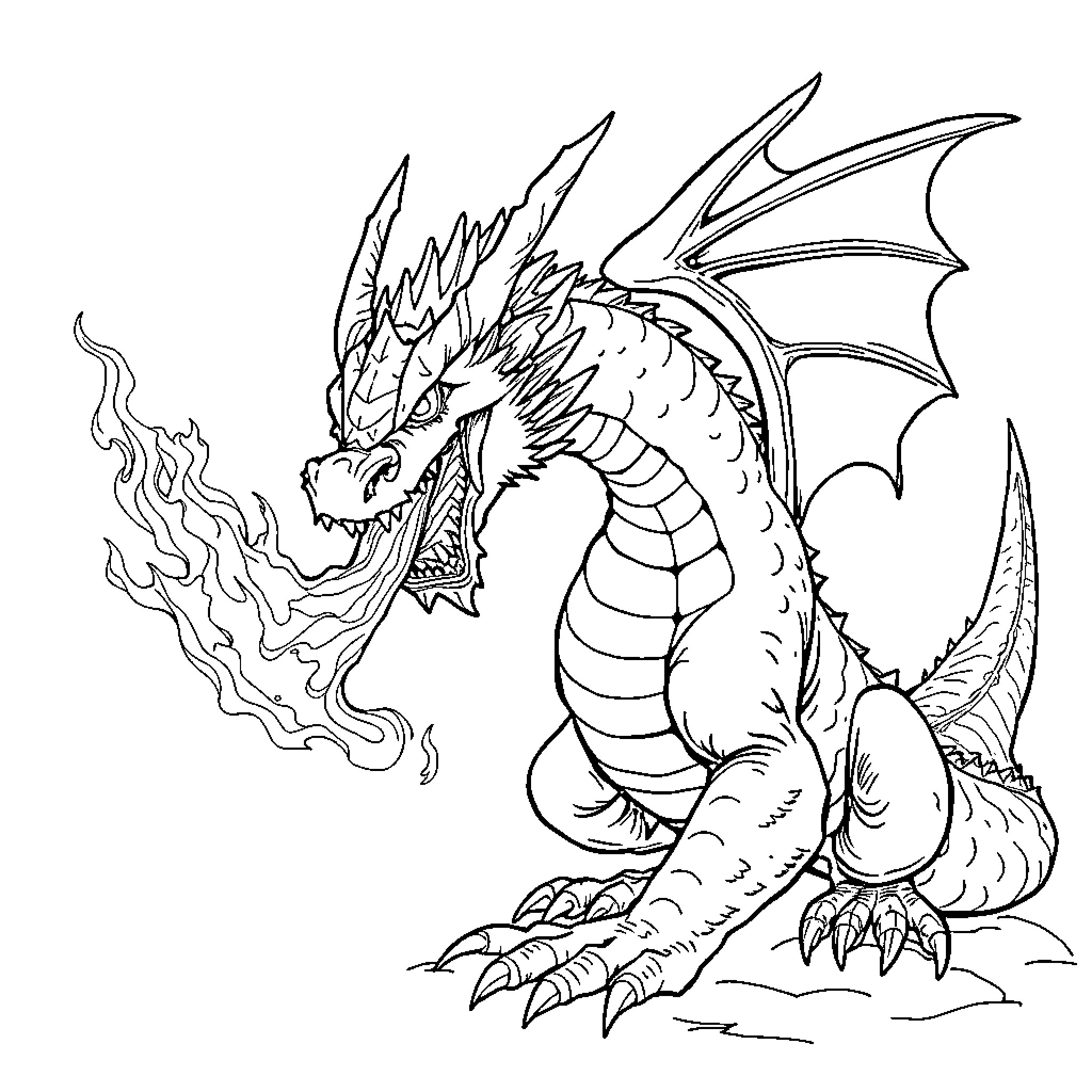 Dragon Breathing Fierce Fire with Powerful Claws Coloring Page (free black-and-white line drawing printable PDF for all, from beginners to advanced learners, including children, teens, adults, and seniors)