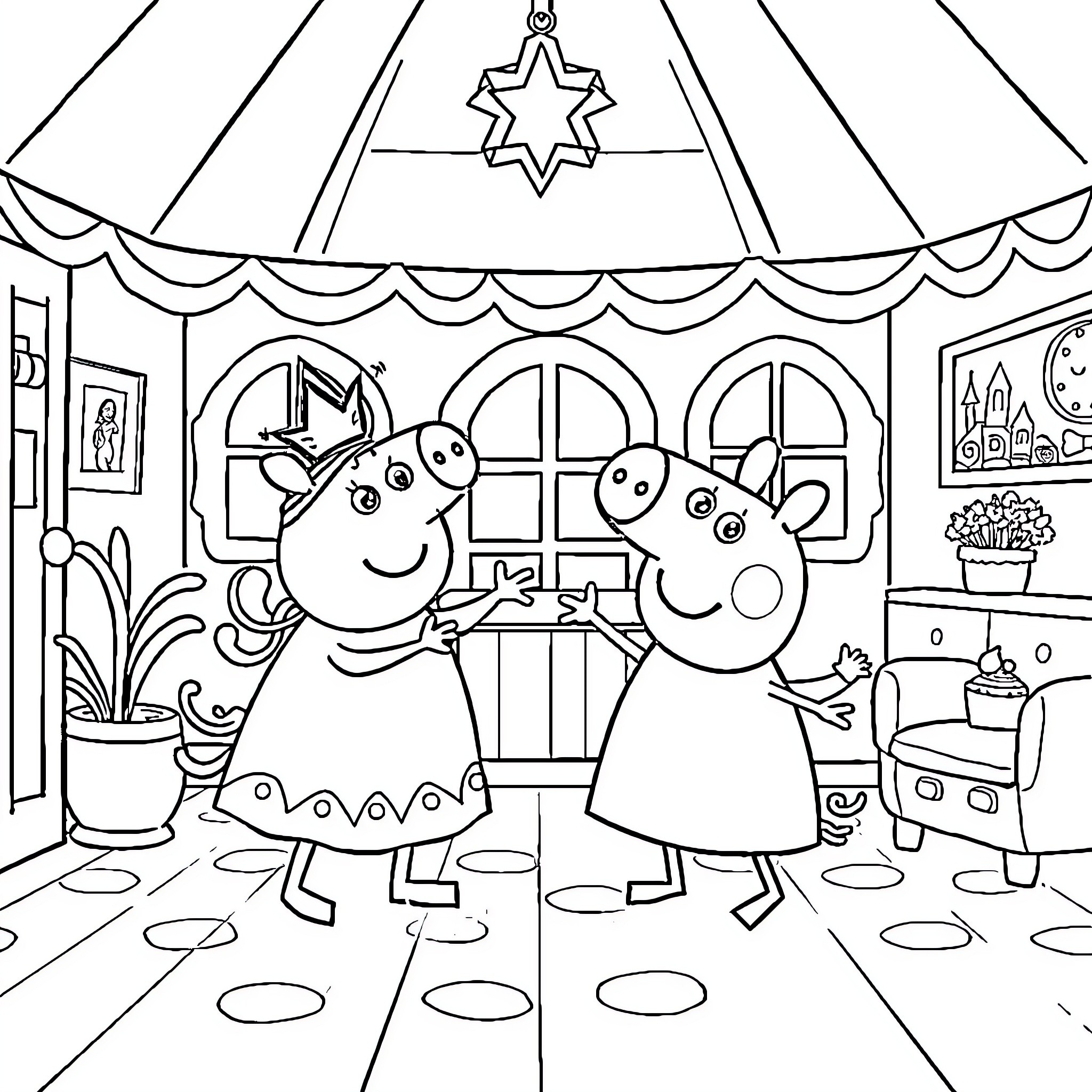 Gabby and Peppa enjoying a playful moment at home Coloring Page (free black-and-white line drawing printable PDF for all, from beginners to advanced learners, including children, teens, adults, and seniors)