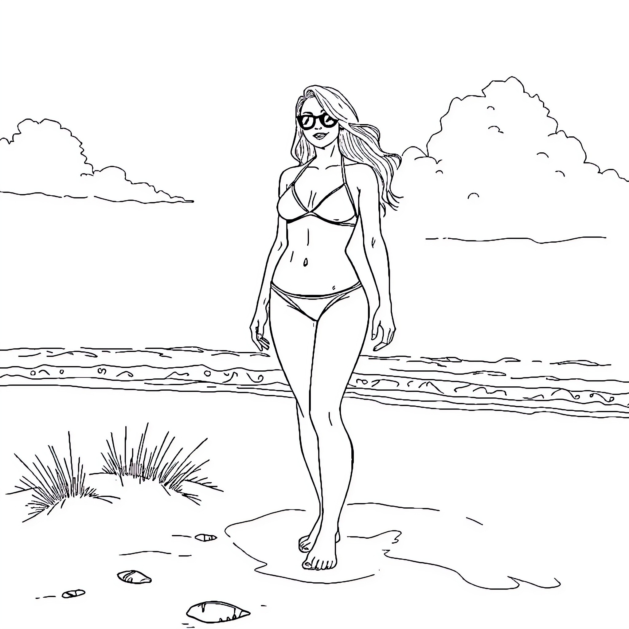 Alexa Bliss relaxing at the beach Coloring Page (free black-and-white line drawing printable PDF for all, from beginners to advanced learners, including children, teens, adults, and seniors)