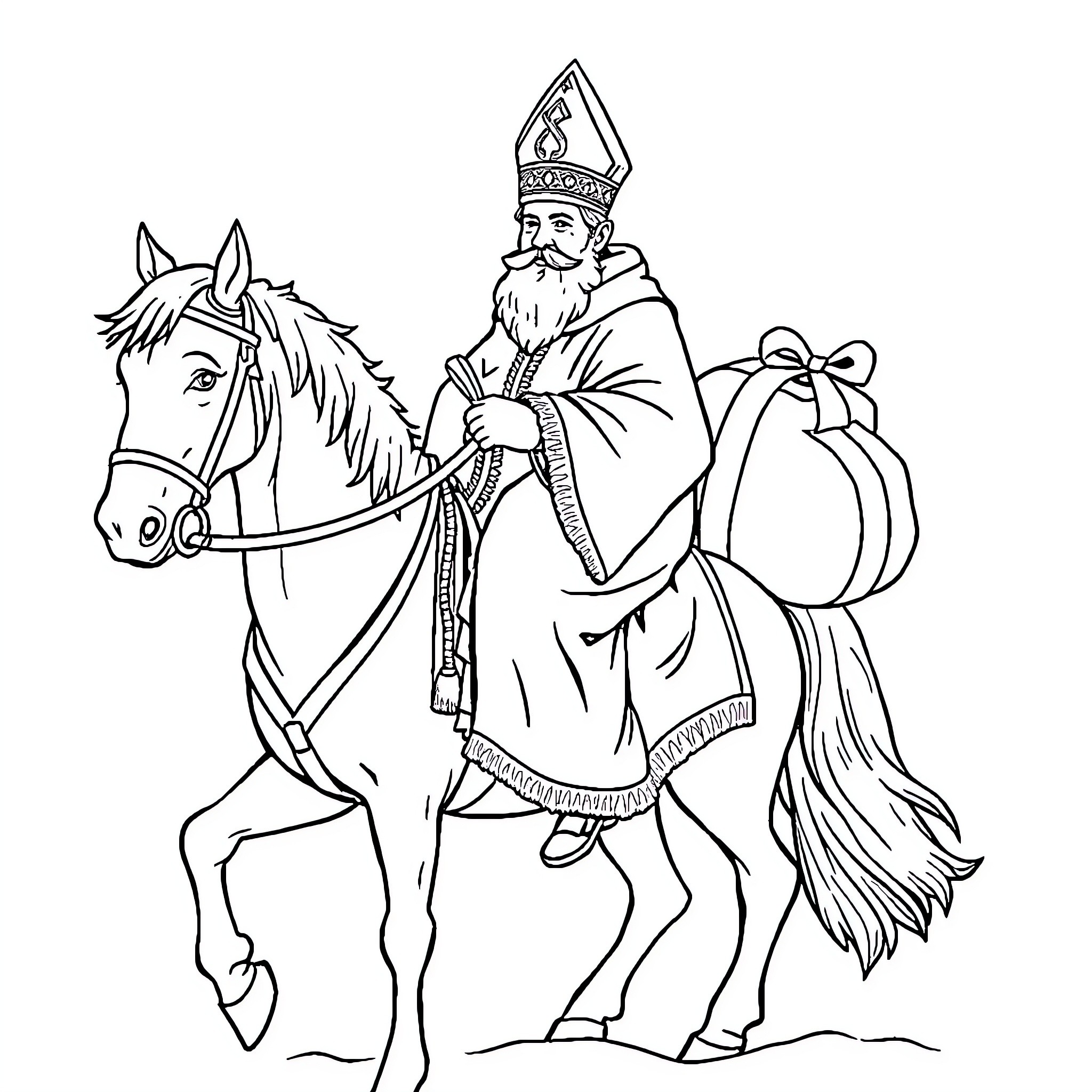 Sinterklaas riding horse with presents Coloring Page (free black-and-white line drawing printable PDF for all, from beginners to advanced learners, including children, teens, adults, and seniors)