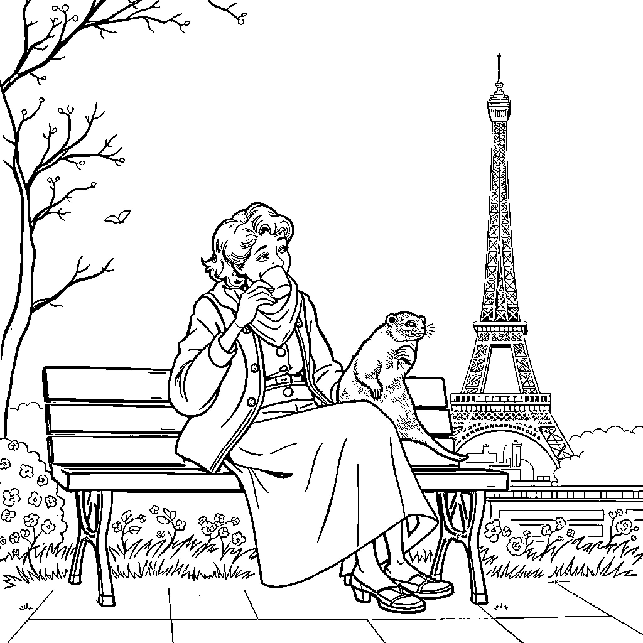 Mama enjoys a thoughtful moment in Paris Coloring Page (free black-and-white line drawing printable PDF for all, from beginners to advanced learners, including children, teens, adults, and seniors)