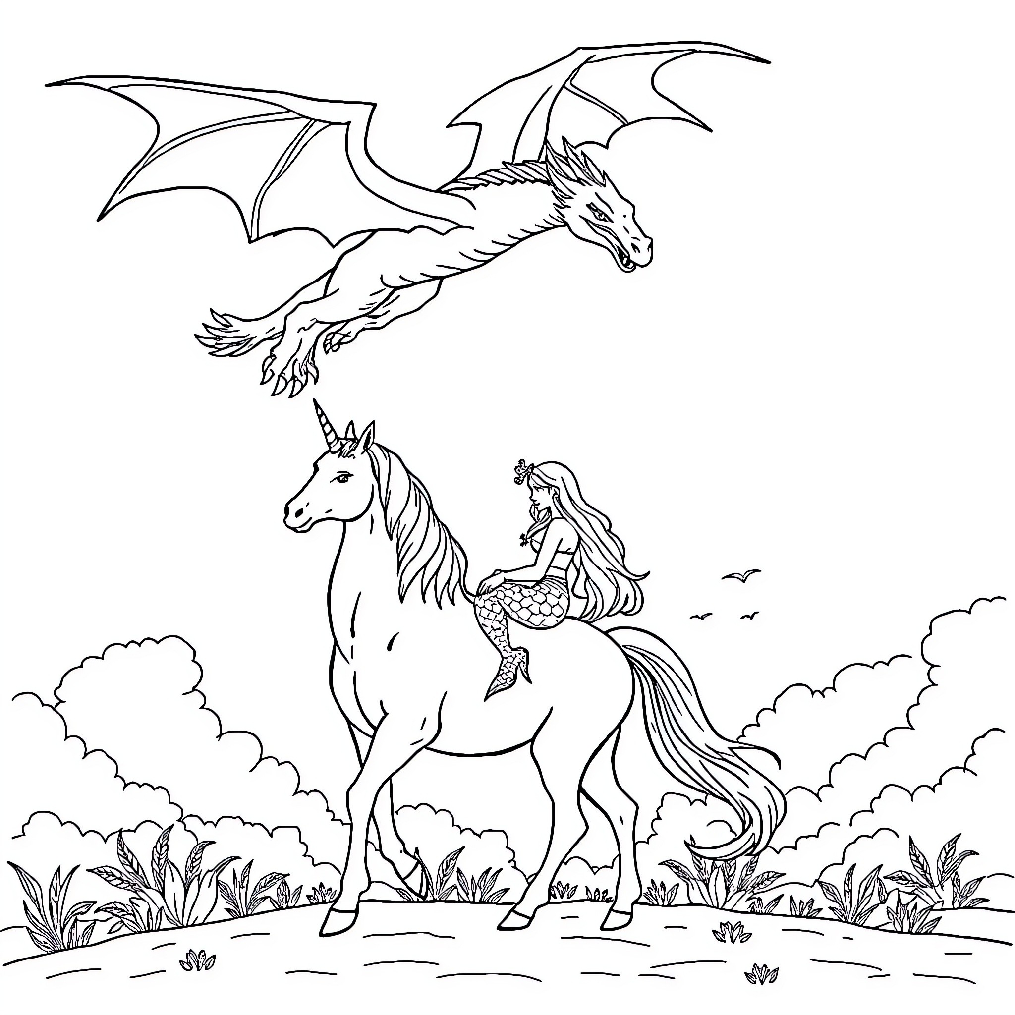 Unicorn and dragon soaring in the enchanted forest Coloring Page (free black-and-white line drawing printable PDF for all, from beginners to advanced learners, including children, teens, adults, and seniors)