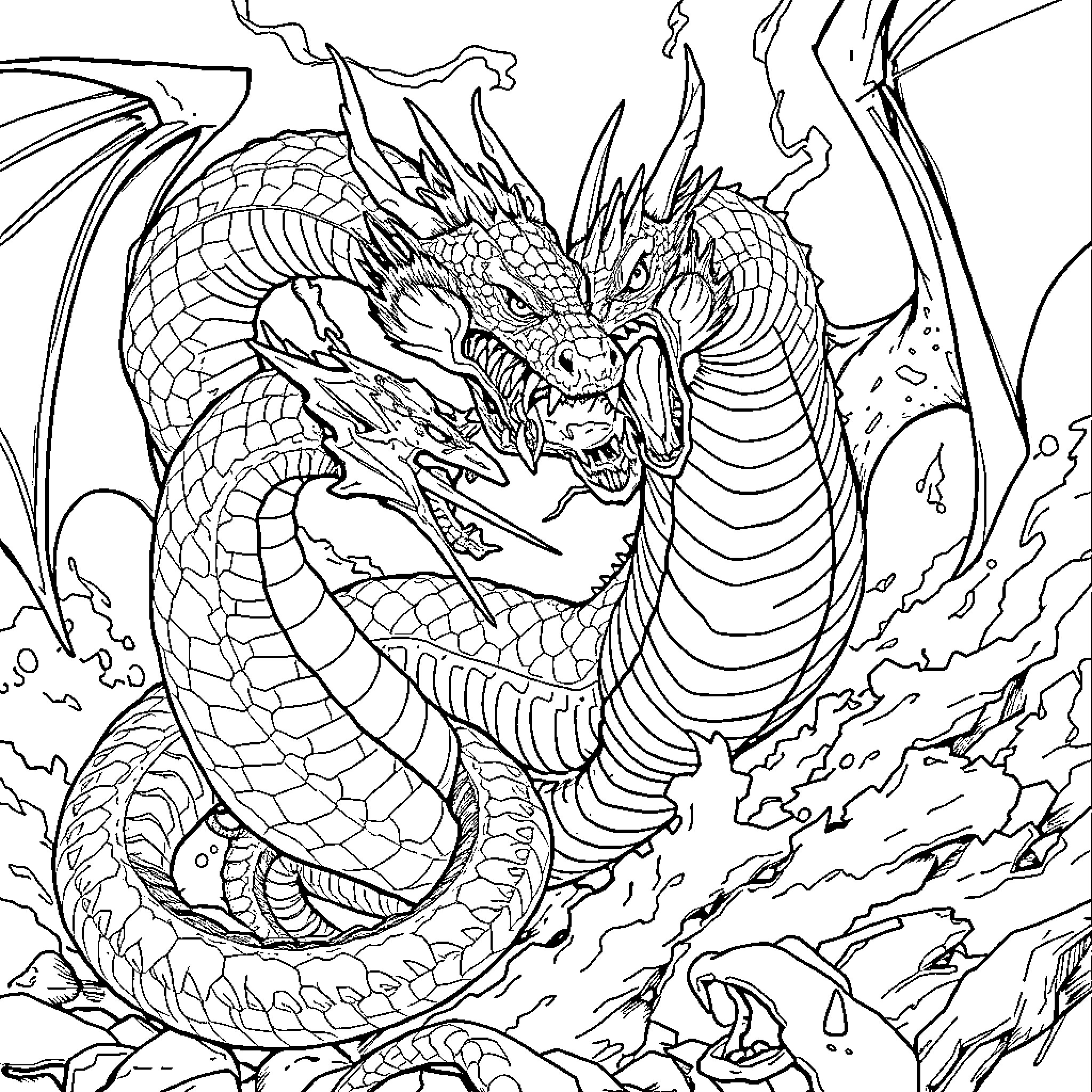 Snake-like Dragon Breathing Flames in a Fantasy Scene Coloring Page (free black-and-white line drawing printable PDF for all, from beginners to advanced learners, including children, teens, adults, and seniors)