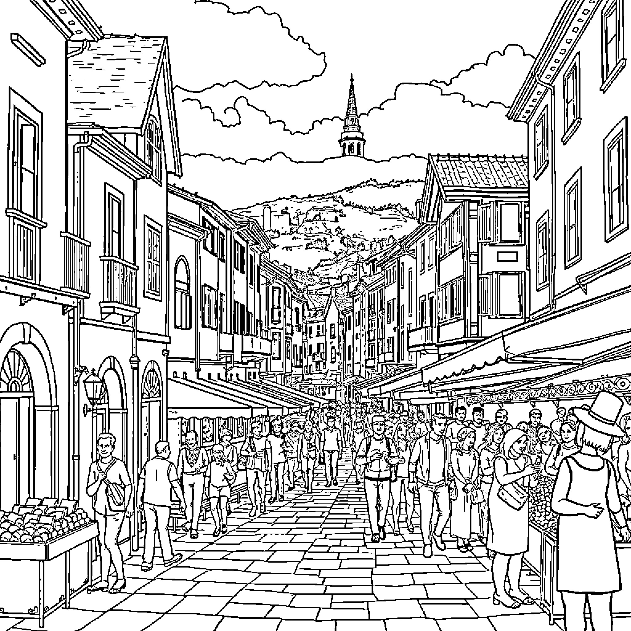 Tuzla: Bustling Marketplace in Historic City Coloring Page (free black-and-white line drawing printable PDF for all, from beginners to advanced learners, including children, teens, adults, and seniors)