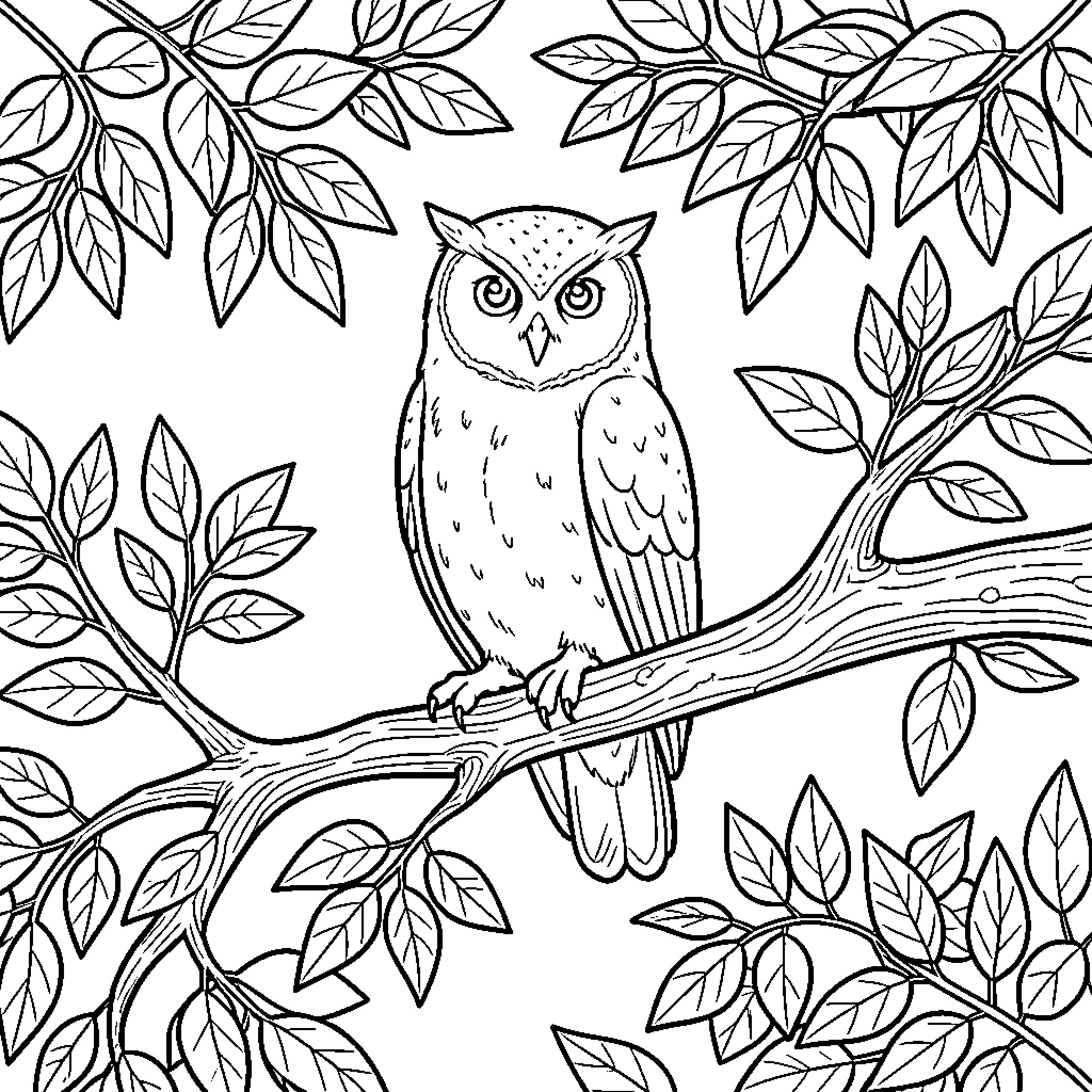 Owl perched on a branch surrounded by leaves Coloring Page (free black-and-white line drawing printable PDF for all, from beginners to advanced learners, including children, teens, adults, and seniors)