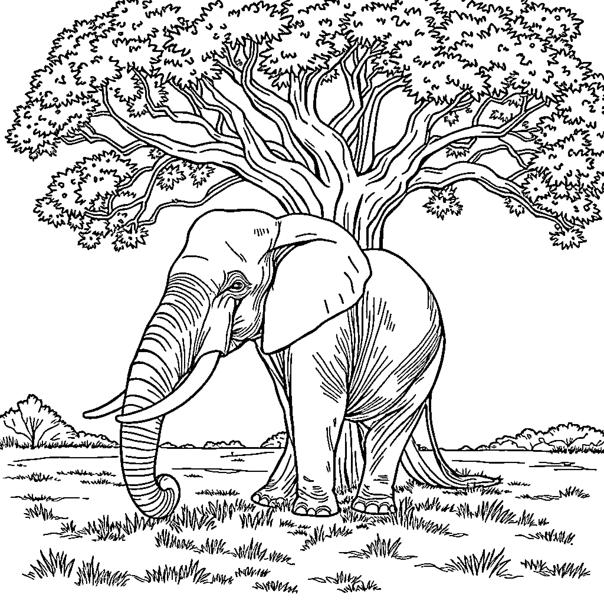 Elephant Standing Beneath a Majestic Tree Coloring Page (free black-and-white line drawing printable PDF for all, from beginners to advanced learners, including children, teens, adults, and seniors)