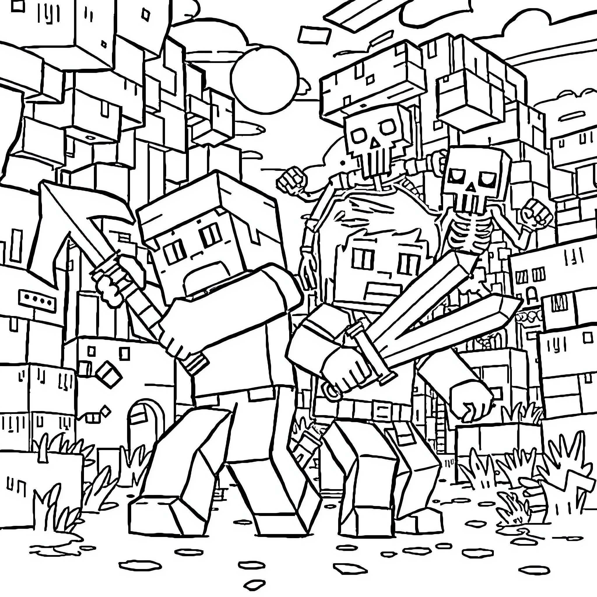 Steve exploring the mysterious, blocky cityscape Coloring Page (free black-and-white line drawing printable PDF for all, from beginners to advanced learners, including children, teens, adults, and seniors)