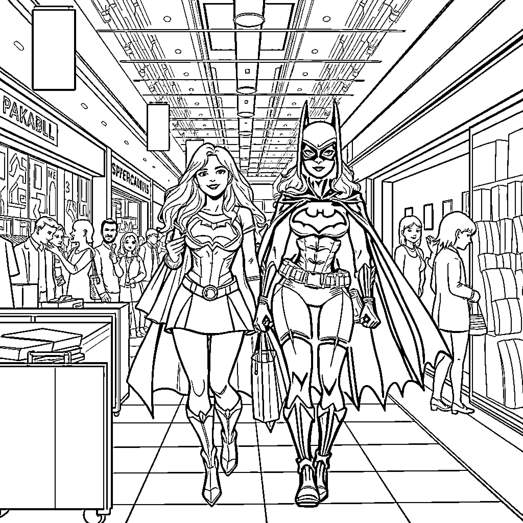Supergirl and Batman Patrolling the City Streets Coloring Page (free black-and-white line drawing printable PDF for all, from beginners to advanced learners, including children, teens, adults, and seniors)