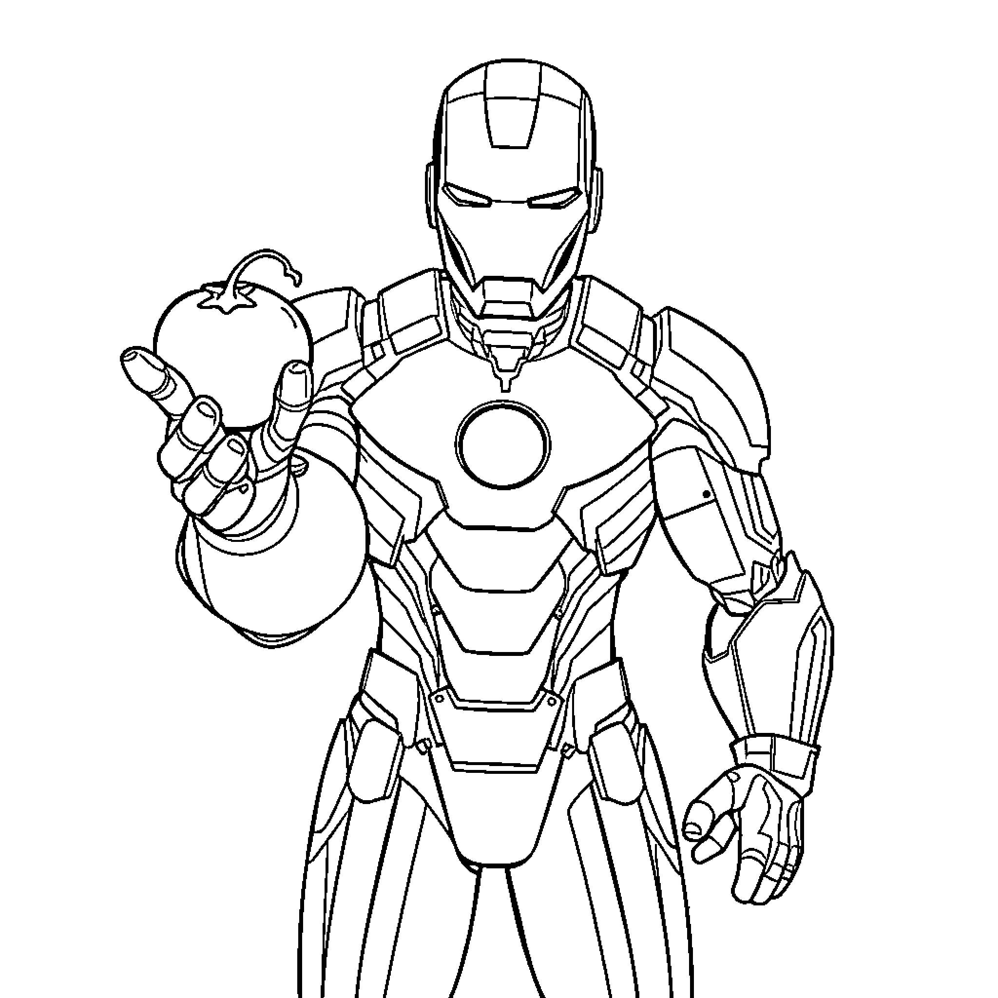 Ironman in Fighting Pose with Charged Repulsor Gauntlet Coloring Page (free black-and-white line drawing printable PDF for all, from beginners to advanced learners, including children, teens, adults, and seniors)