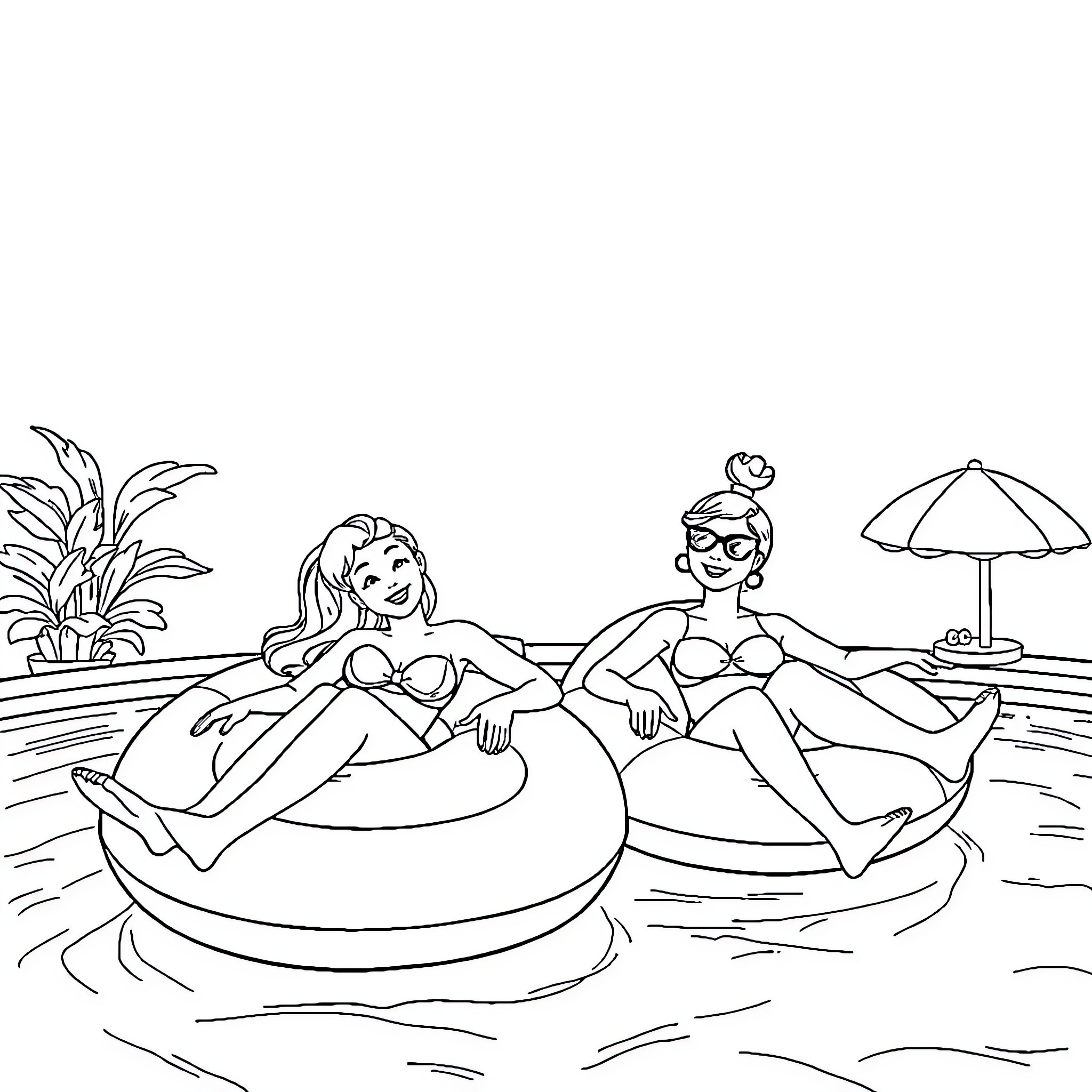 Float on Poolside Relaxation Coloring Page (free black-and-white line drawing printable PDF for all, from beginners to advanced learners, including children, teens, adults, and seniors)
