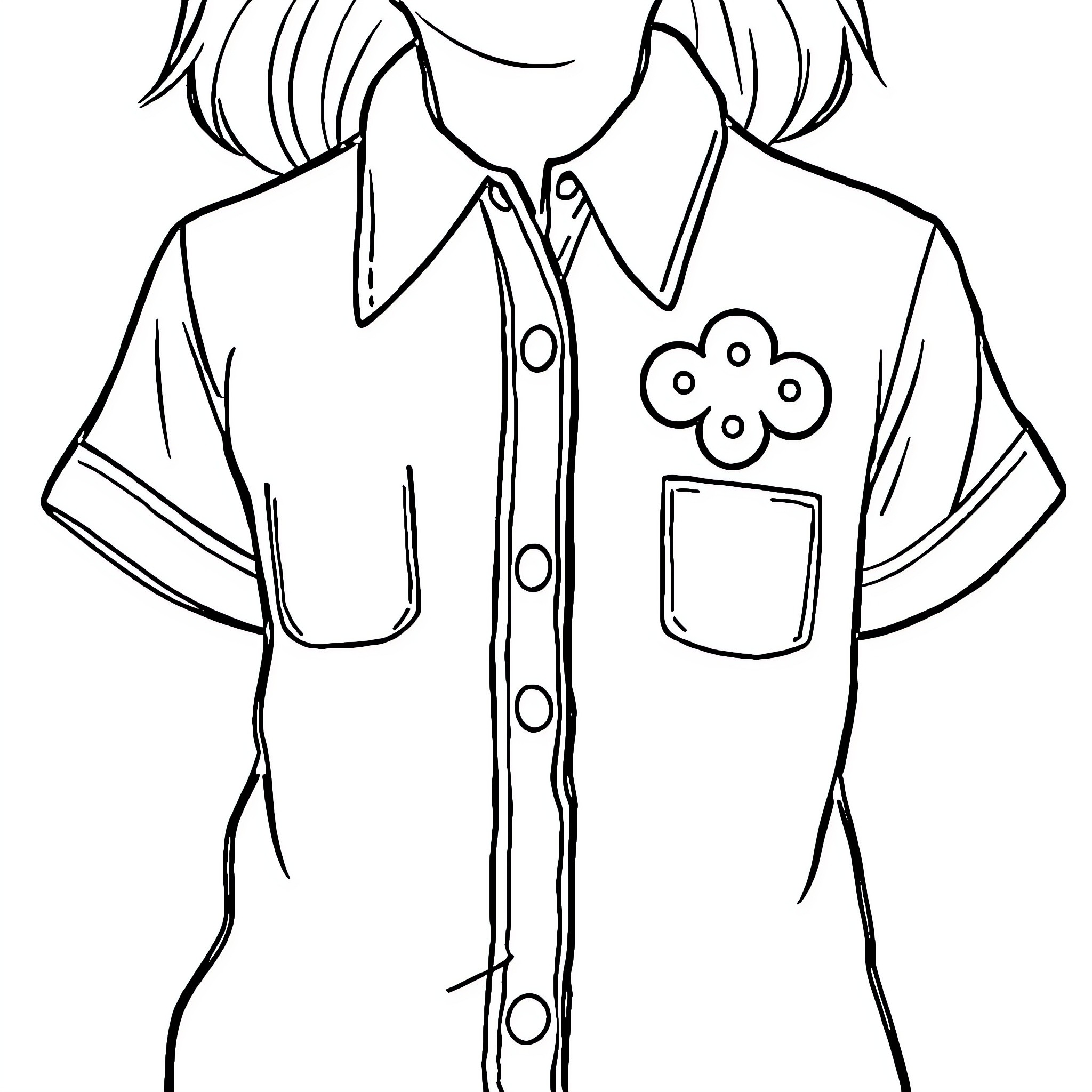 Girl Scout wearing uniform with shirt and badge Coloring Page (free black-and-white line drawing printable PDF for all, from beginners to advanced learners, including children, teens, adults, and seniors)