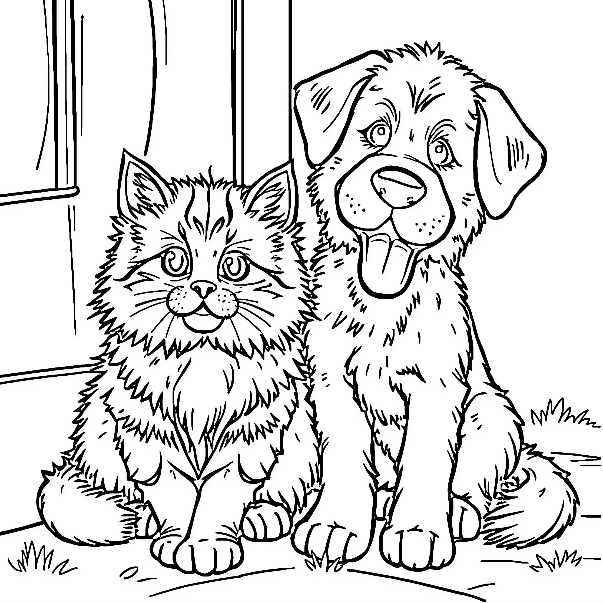 Cat and Dog Sitting Together Indoors Coloring Page (free black-and-white line drawing printable PDF for all, from beginners to advanced learners, including children, teens, adults, and seniors)