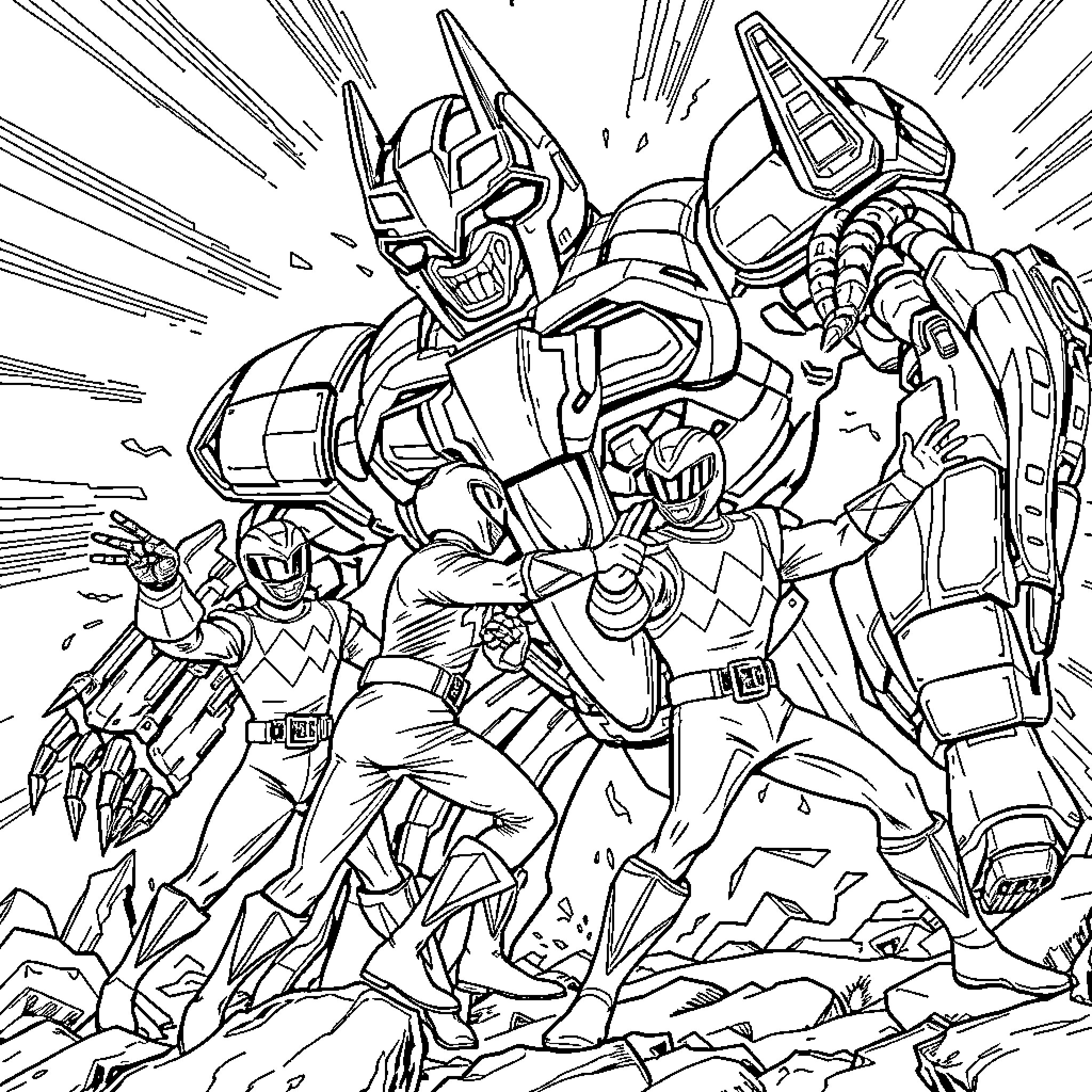Power Ranger Robot Engaging in Heroic Battle Coloring Page (free black-and-white line drawing printable PDF for all, from beginners to advanced learners, including children, teens, adults, and seniors)